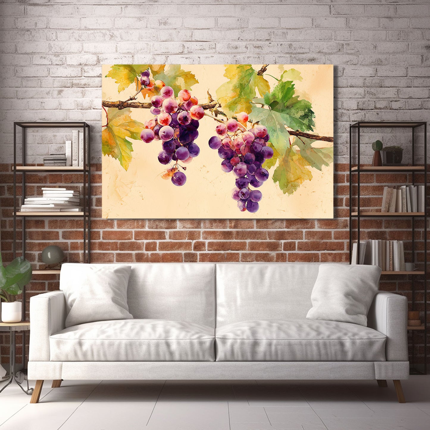Watercolor Grape Vine Fruit Art – styled in a furnished interior