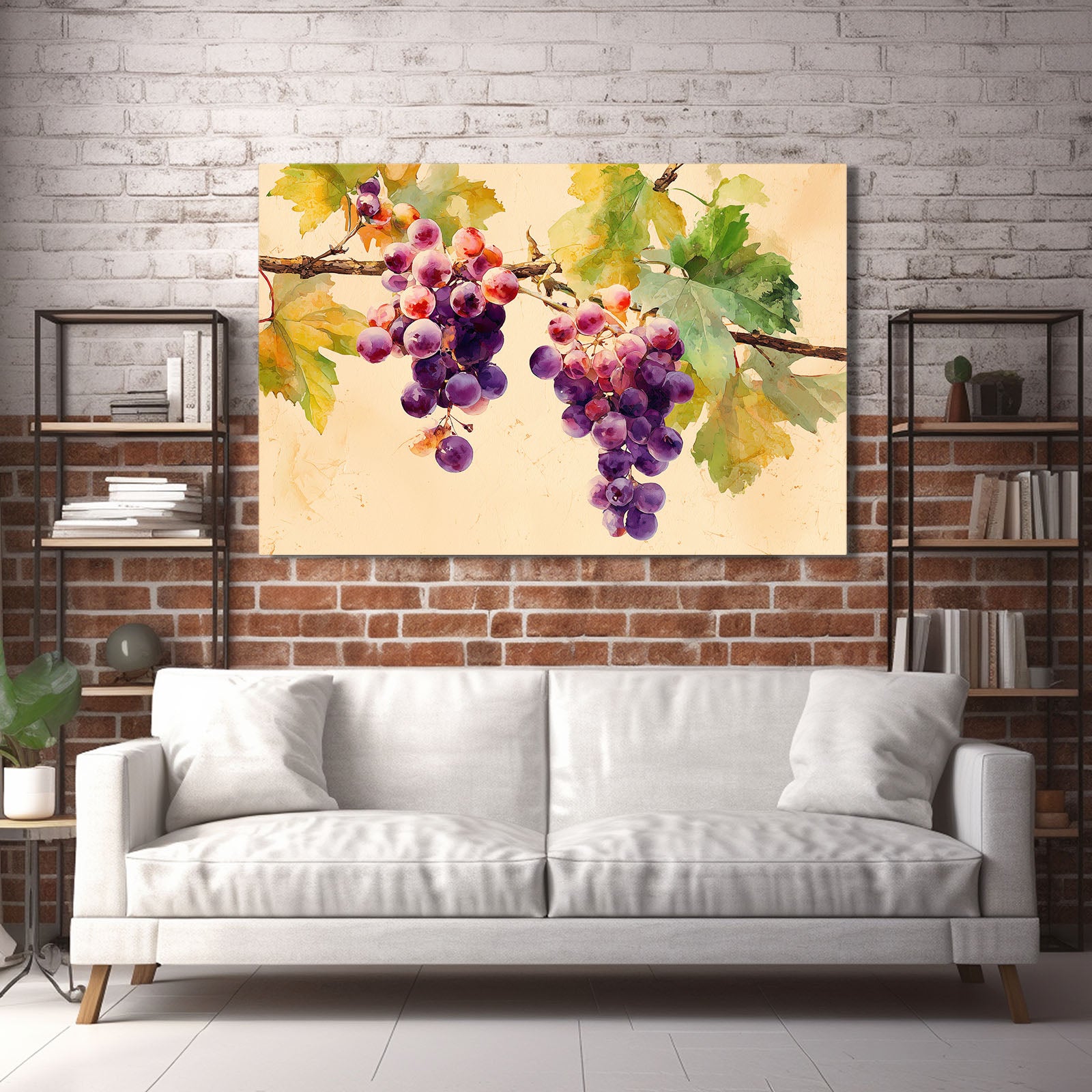 Watercolor Grape Vine Fruit Art – styled in a furnished interior