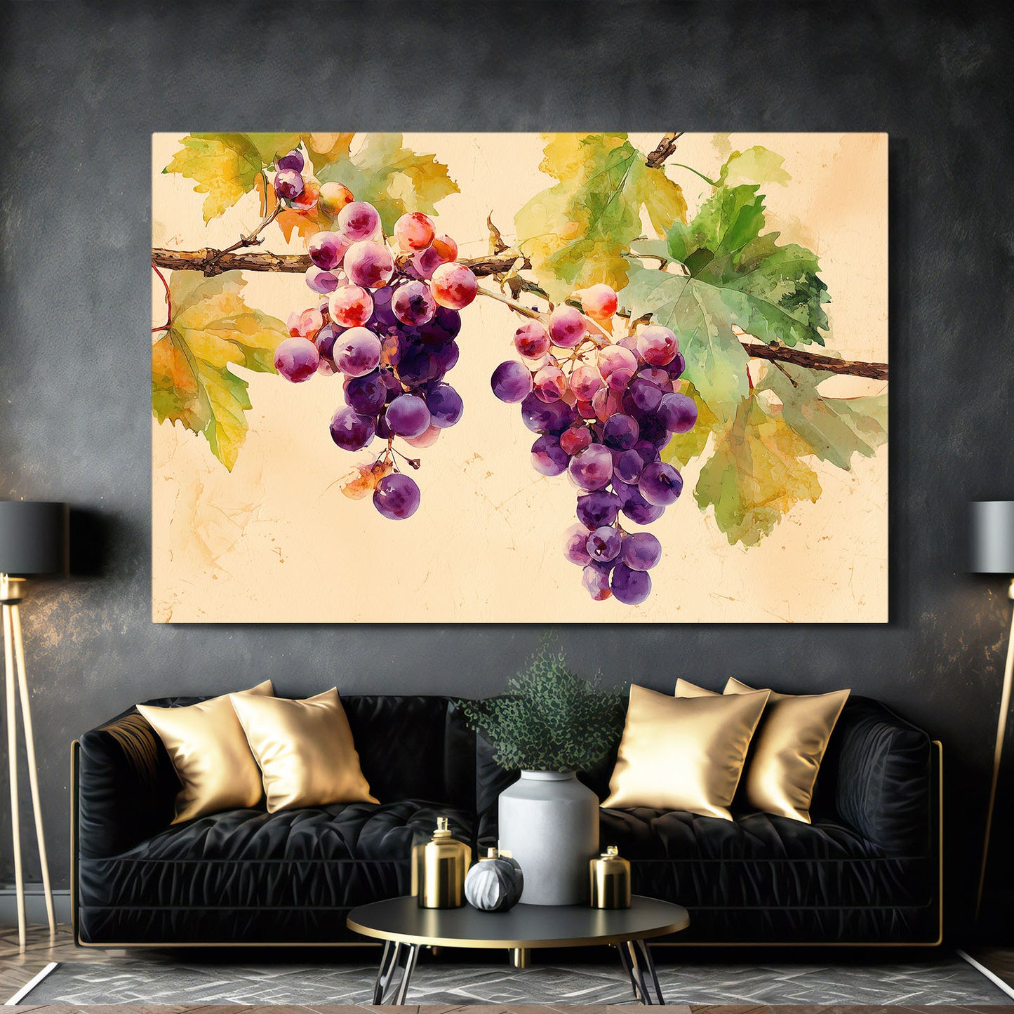 Watercolor Grape Vine Fruit Art – styled in a furnished interior