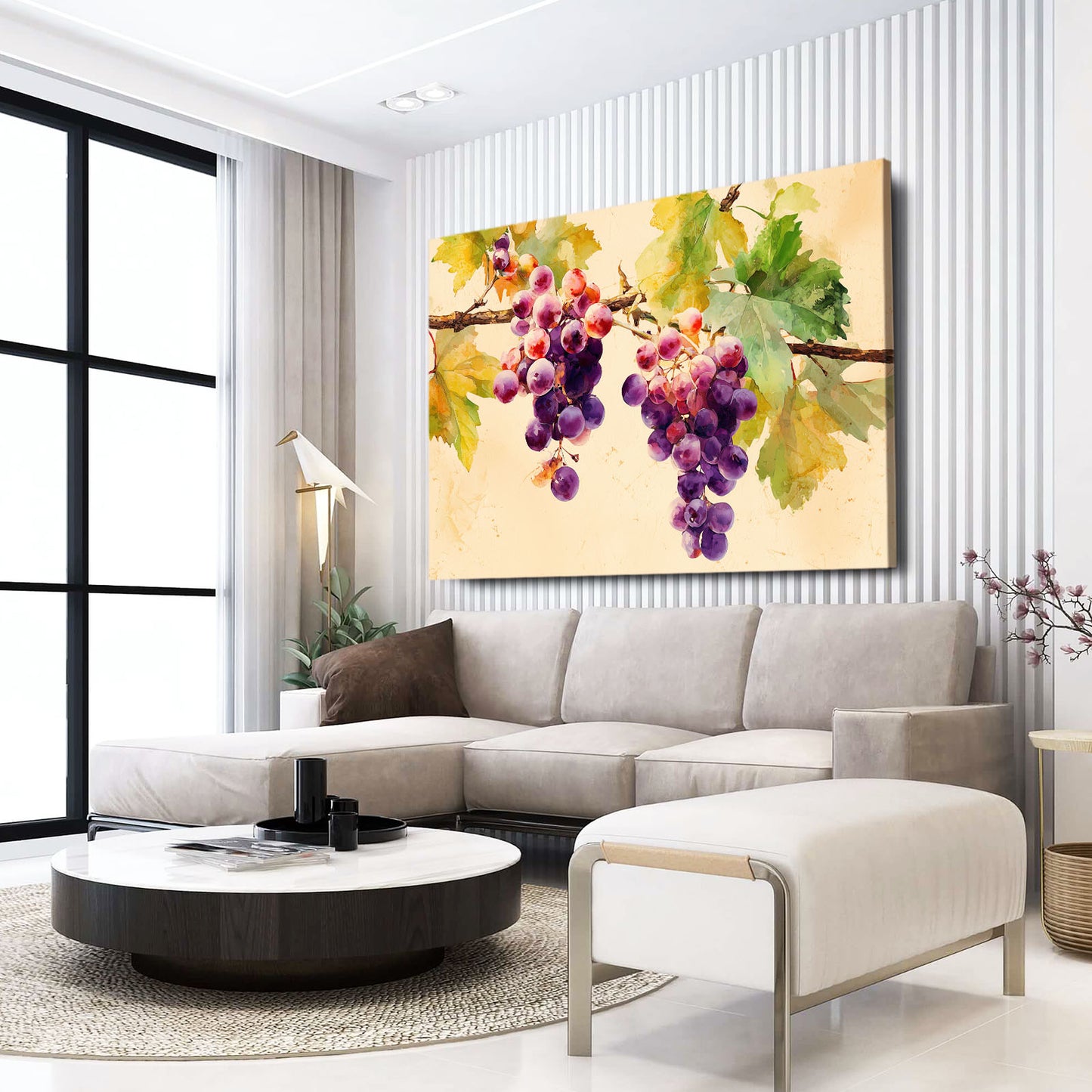 Watercolor Grape Vine Fruit Art – styled in a furnished interior