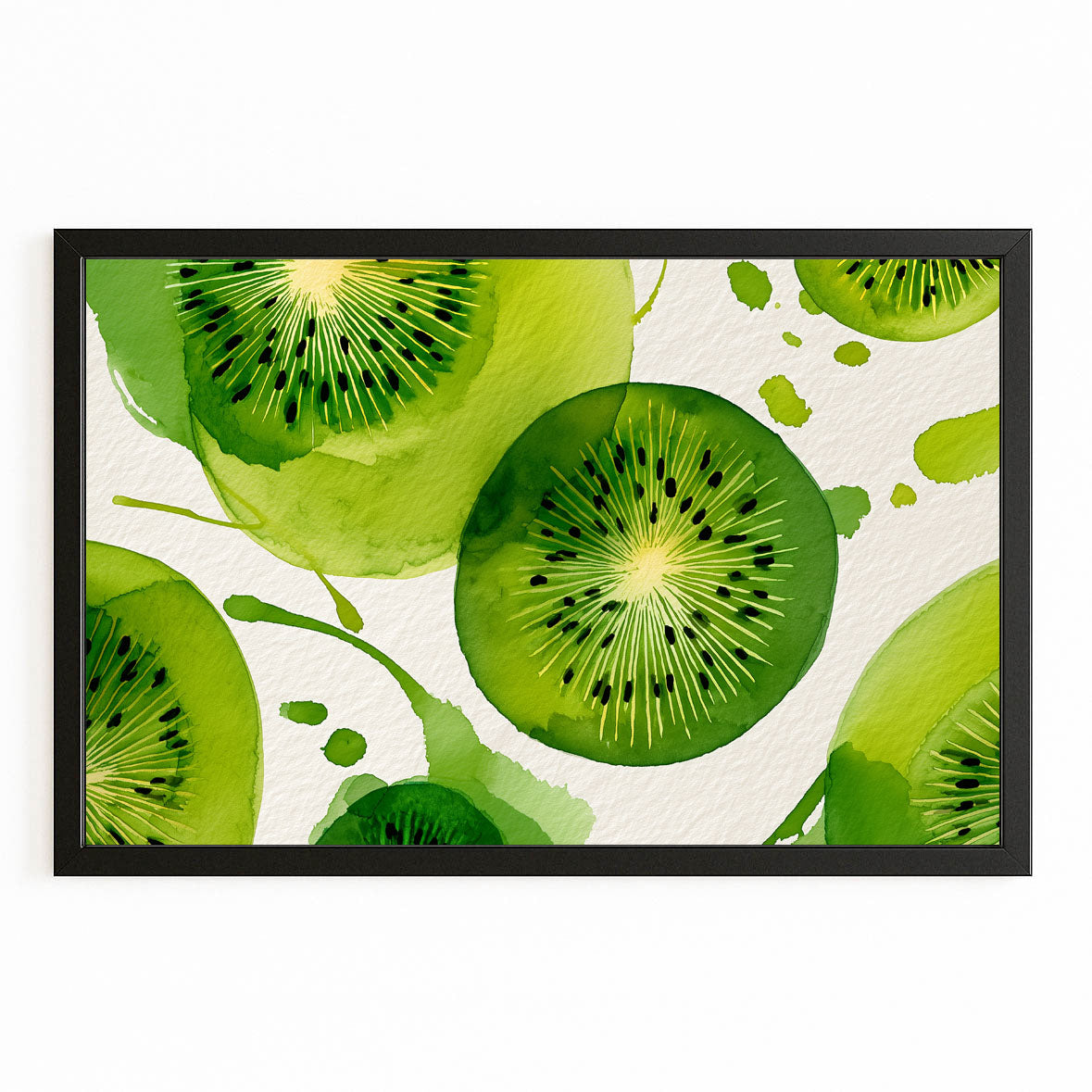 Watercolor Kiwi Slices Fruit Canvas Art – with Premium Black frame on white background