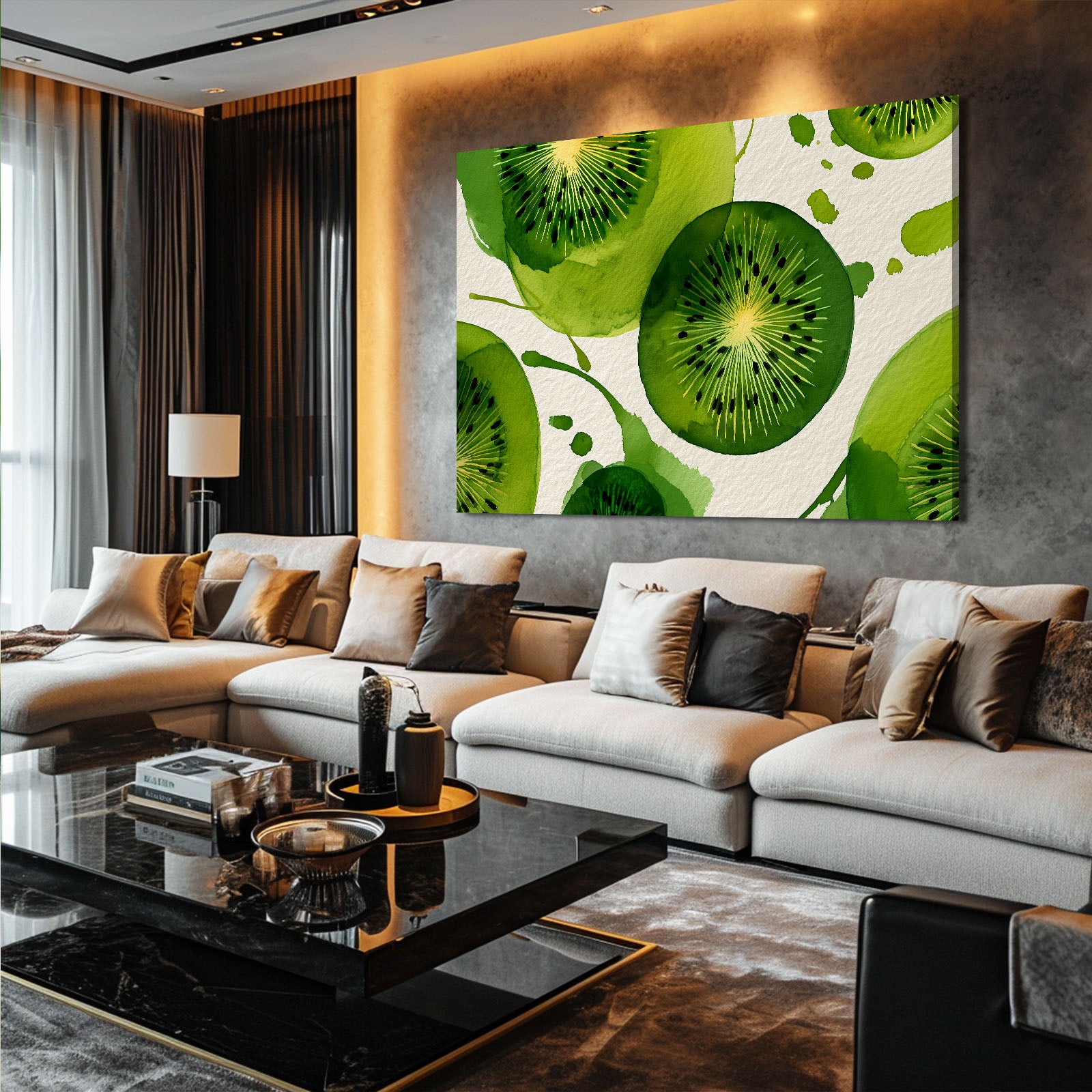Watercolor Kiwi Slices Fruit Canvas Art – styled in a furnished interior