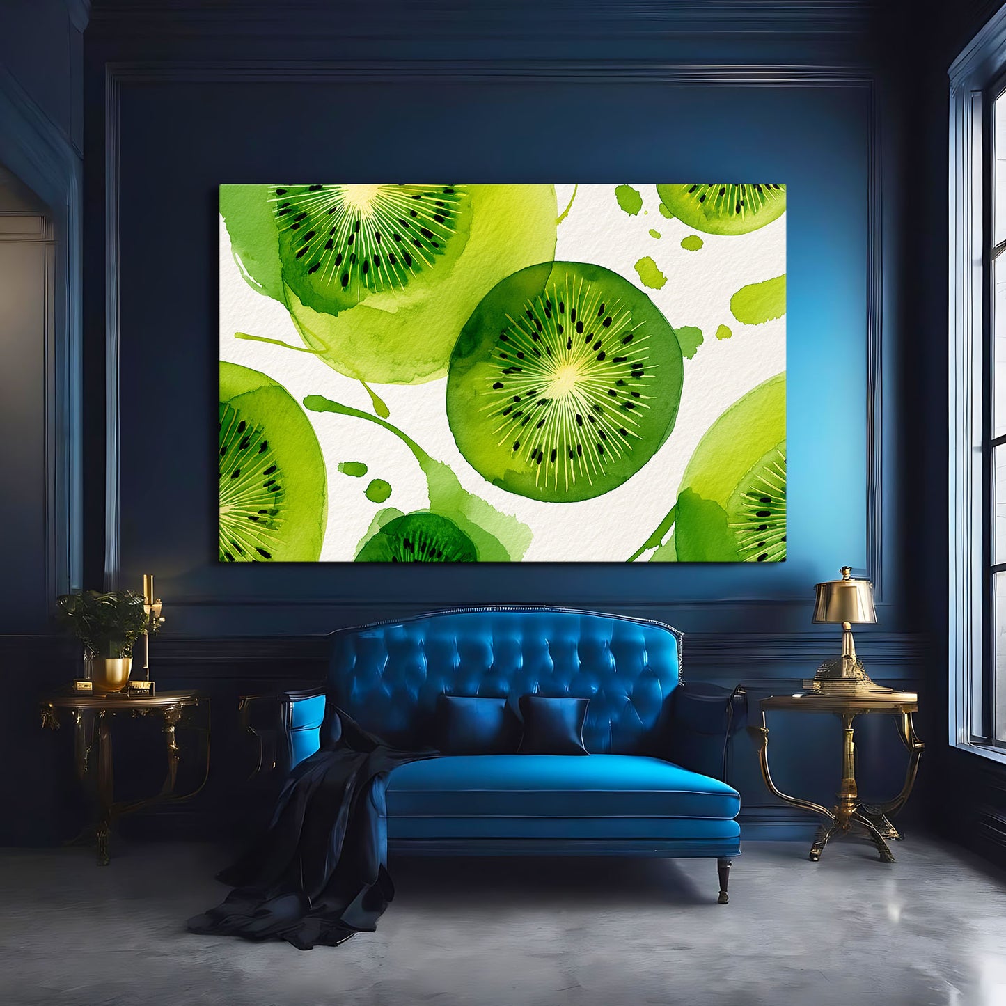 Watercolor Kiwi Slices Fruit Canvas Art – styled in a furnished interior