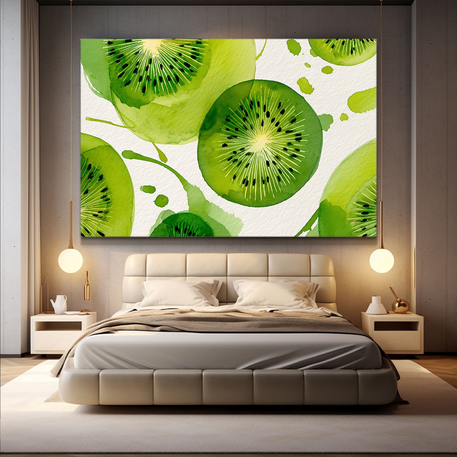 Watercolor Kiwi Slices Fruit Canvas Art – styled in a furnished interior