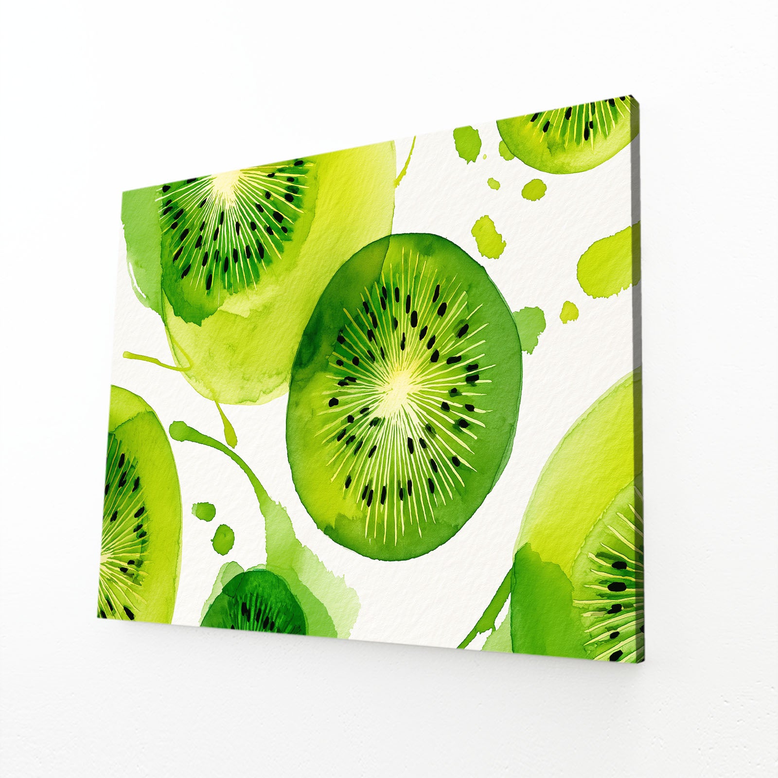 Watercolor Kiwi Slices Fruit Canvas Art – angled canvas view on white background