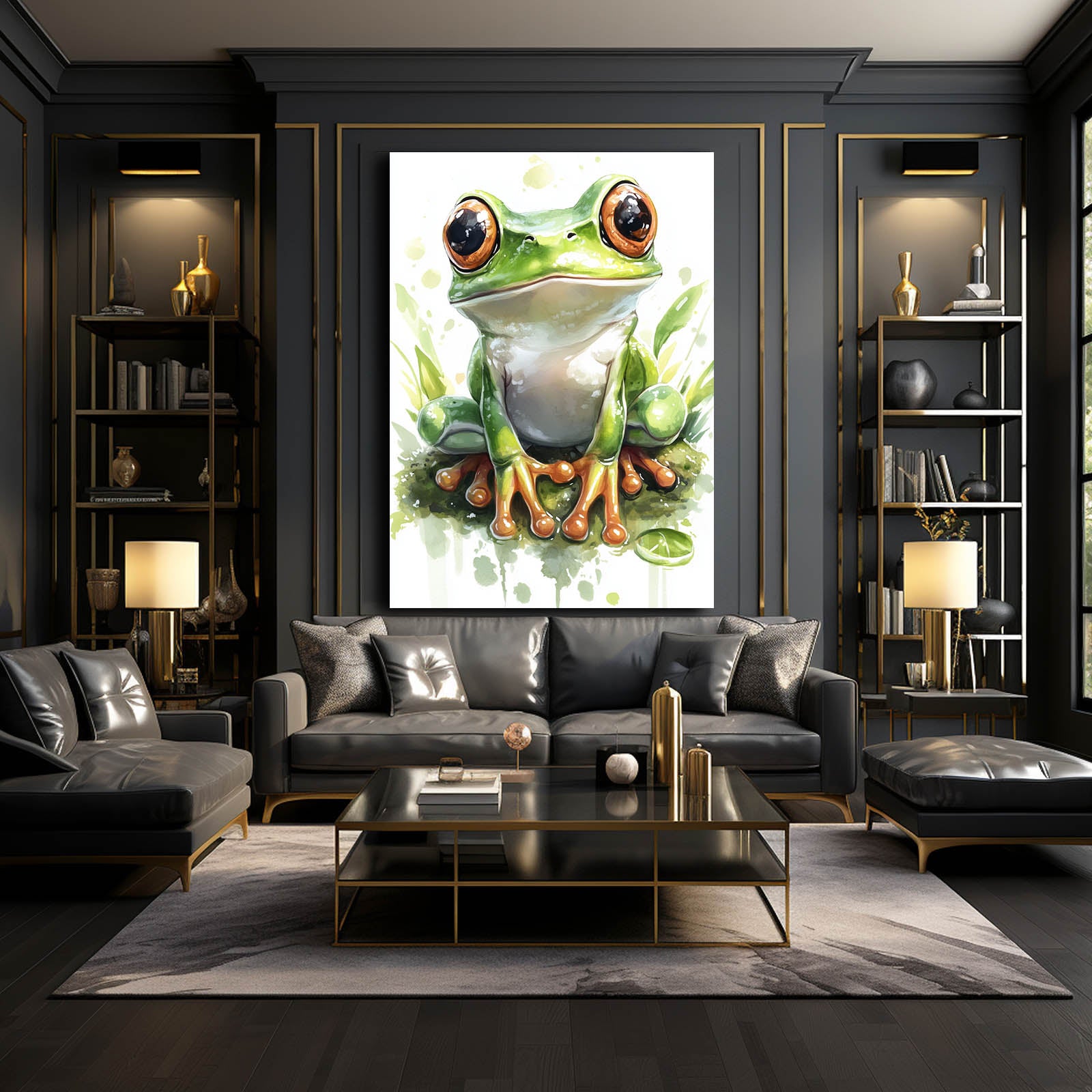 Watercolor Leaf Frog Canvas Art – styled in a furnished interior