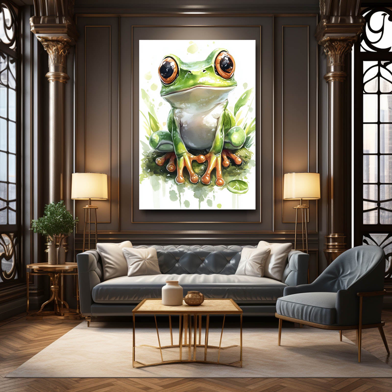 Watercolor Leaf Frog Canvas Art – styled in a furnished interior