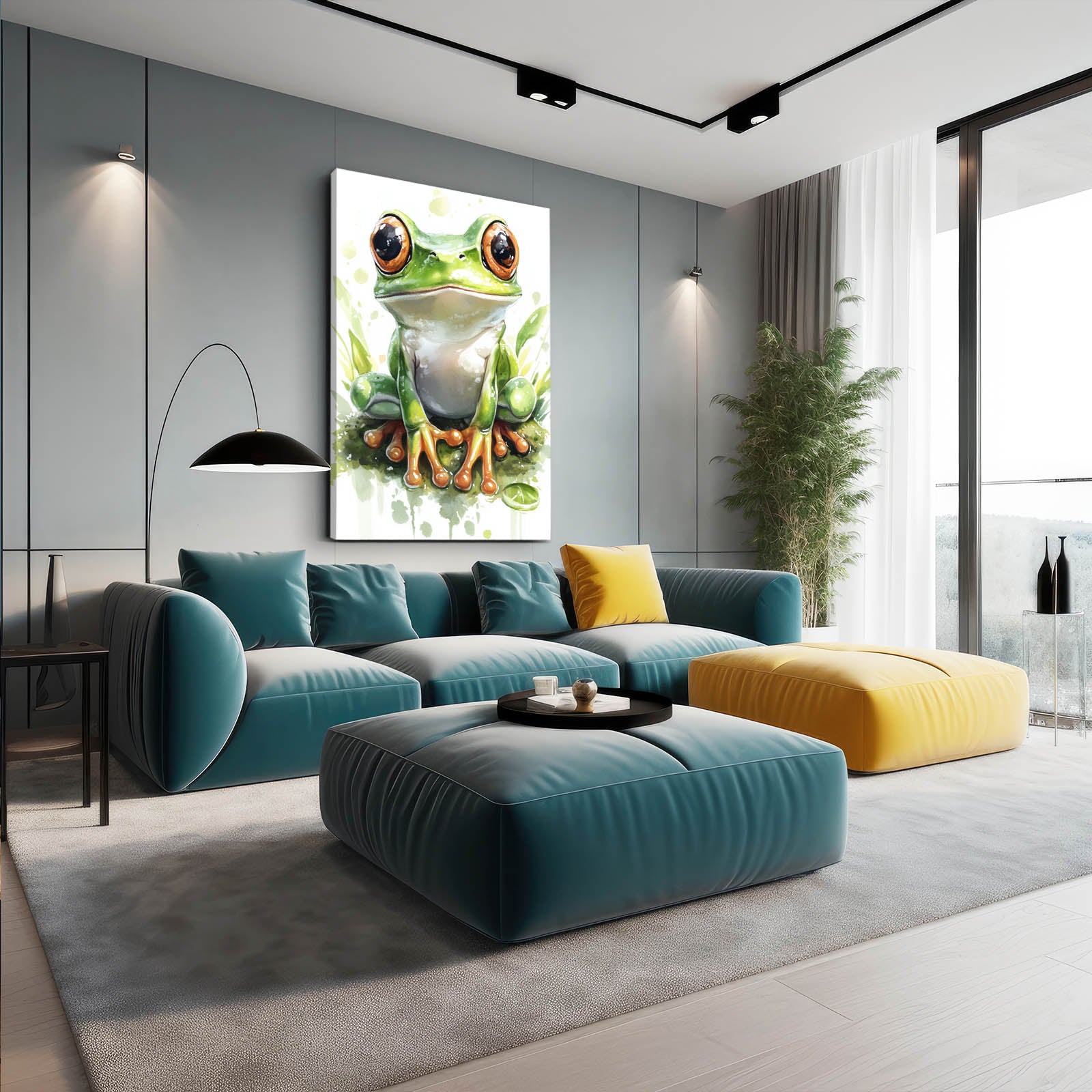 Watercolor Leaf Frog Canvas Art – styled in a furnished interior