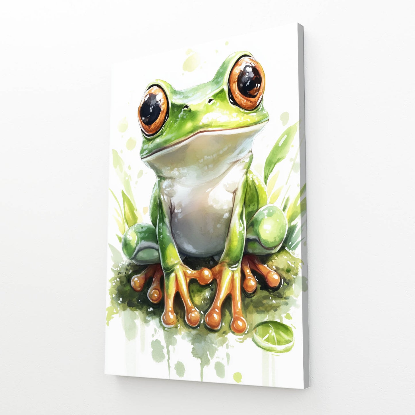 Watercolor Leaf Frog Canvas Art – angled canvas view on white background