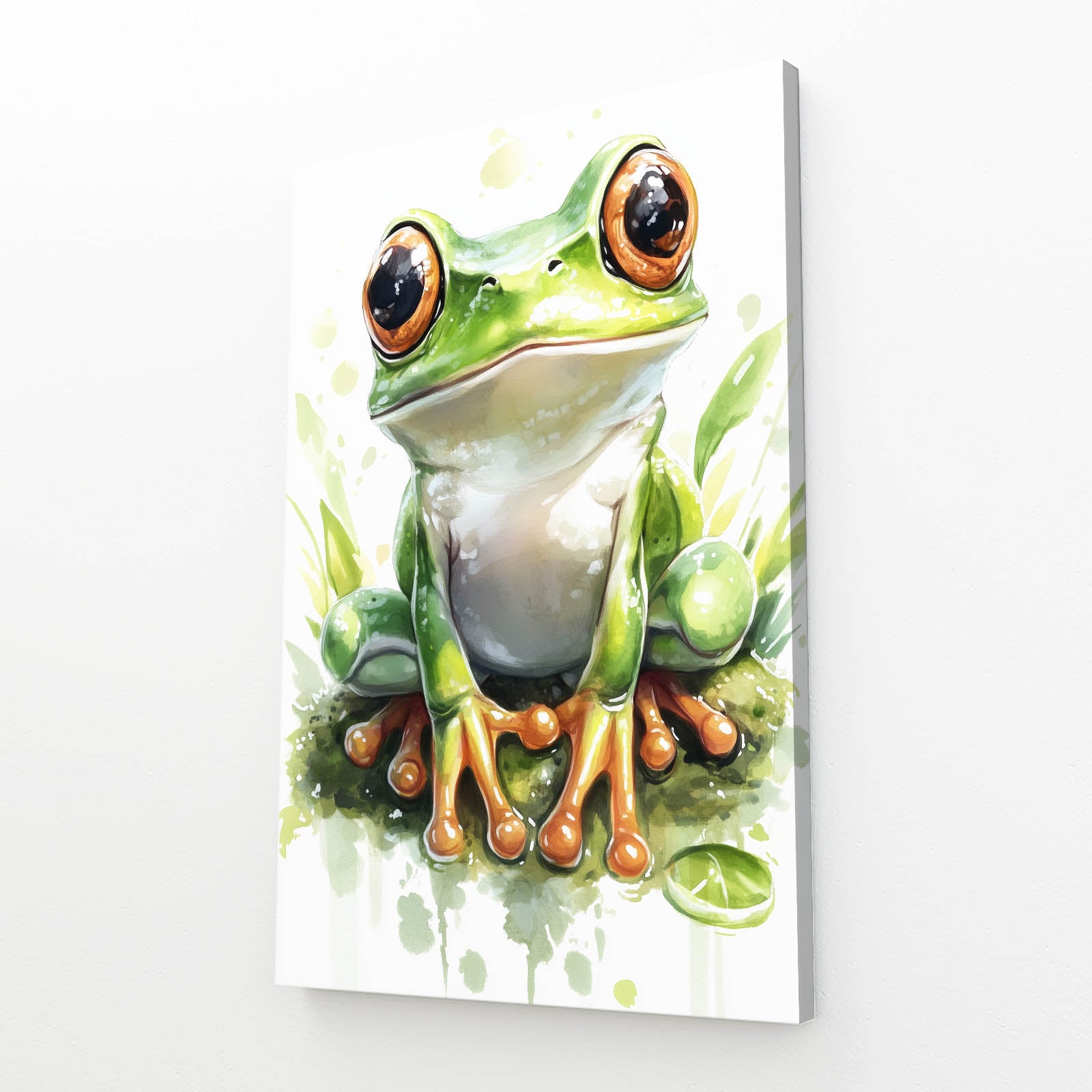 Watercolor Leaf Frog Canvas Art – angled canvas view on white background