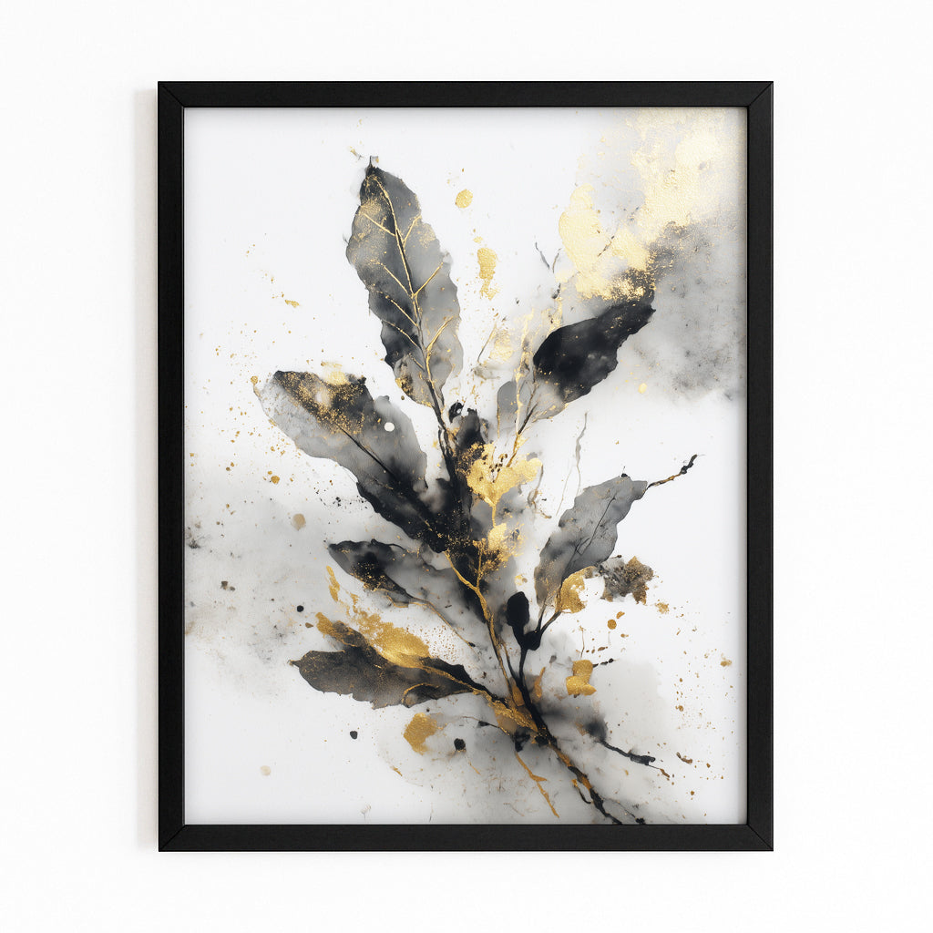 Watercolor Leaf Sprig Gold Wall Art – with Premium Black frame on white background