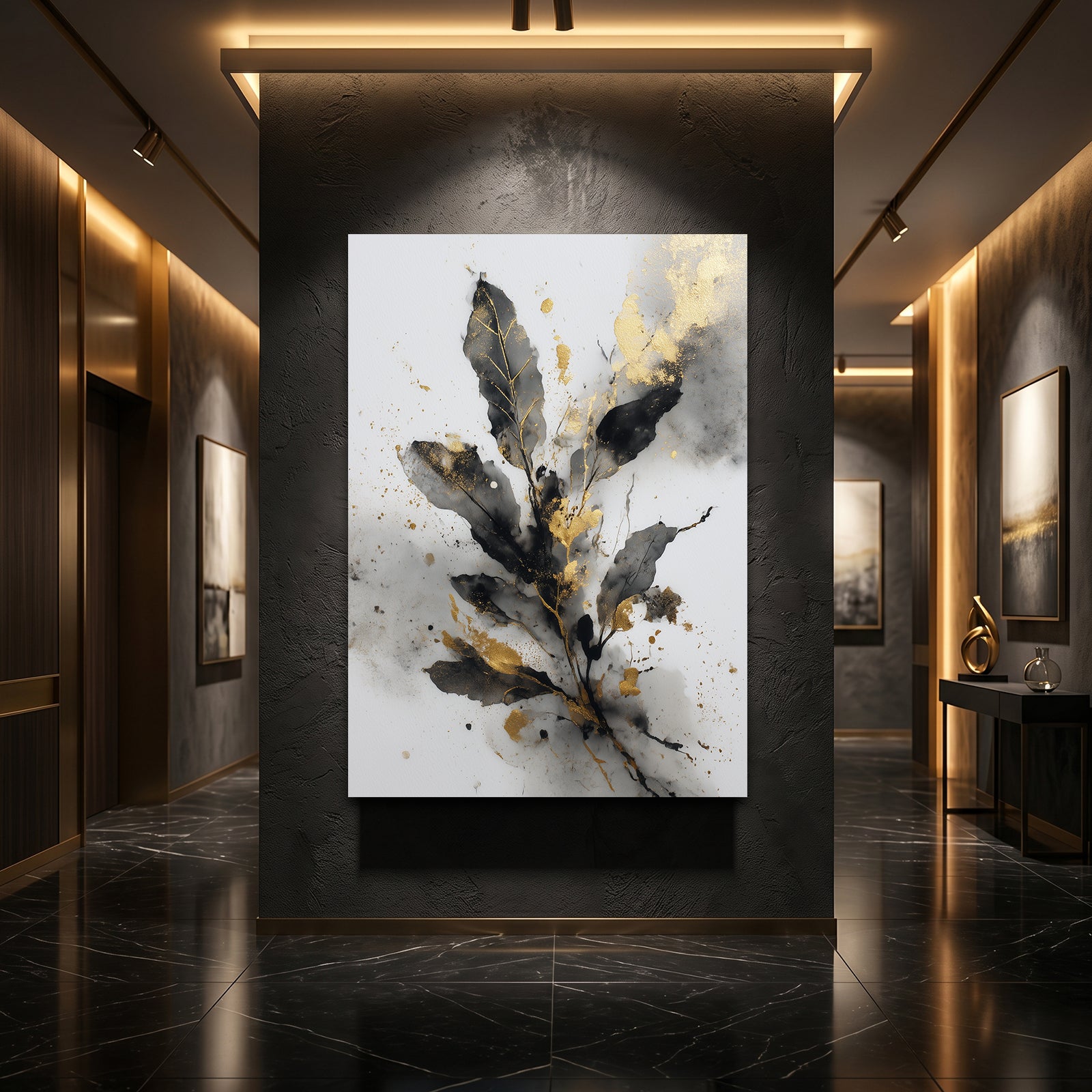 Watercolor Leaf Sprig Gold Wall Art – styled in a furnished interior