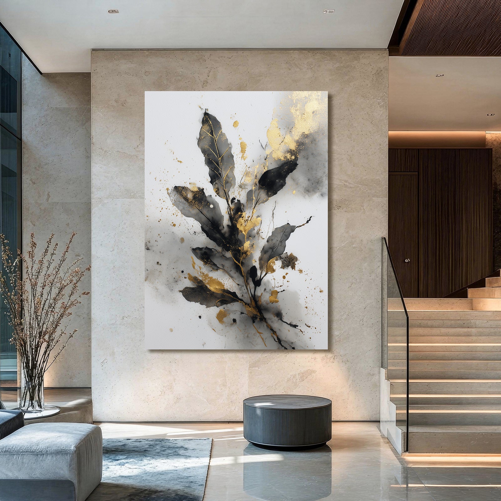 Watercolor Leaf Sprig Gold Wall Art – styled in a furnished interior