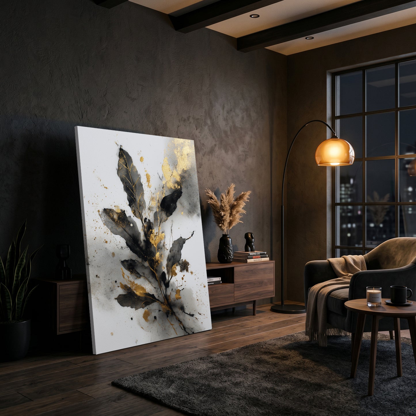 Watercolor Leaf Sprig Gold Wall Art – styled in a furnished interior