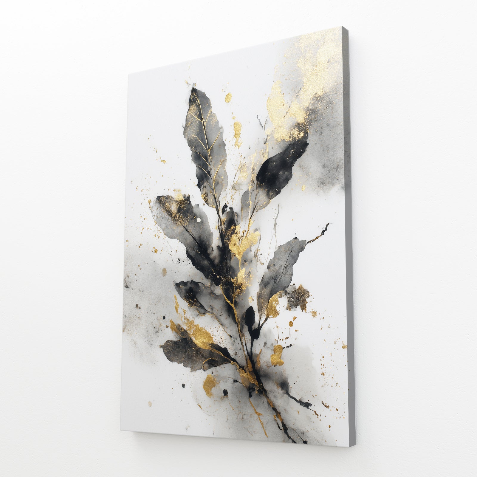 Watercolor Leaf Sprig Gold Wall Art – angled canvas view on white background