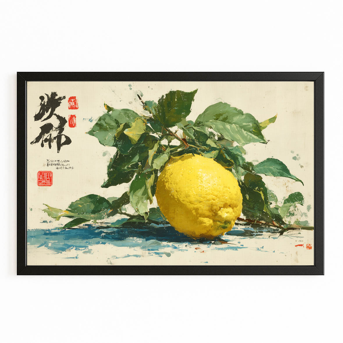 Watercolor Lemon Branch Fruit Wall Art – with Premium Black frame on white background