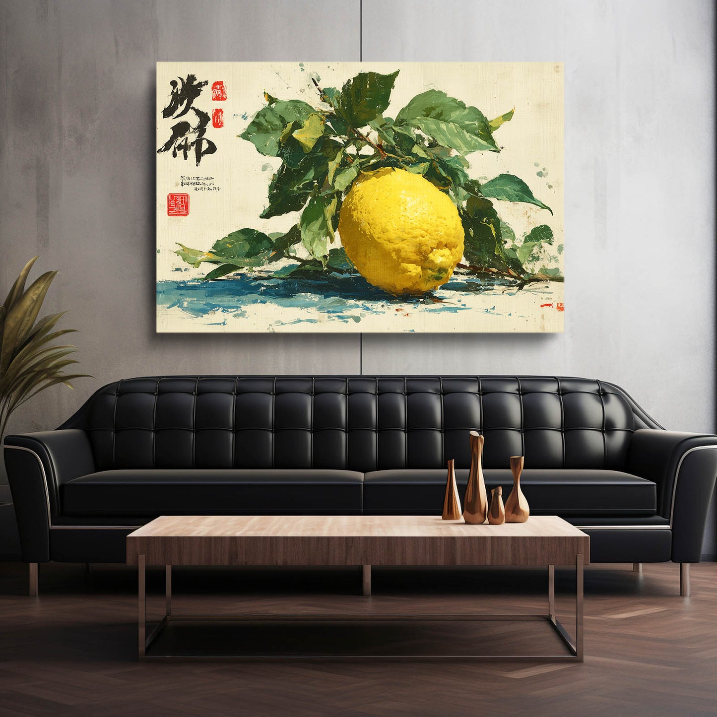 Watercolor Lemon Branch Fruit Wall Art – styled in a furnished interior