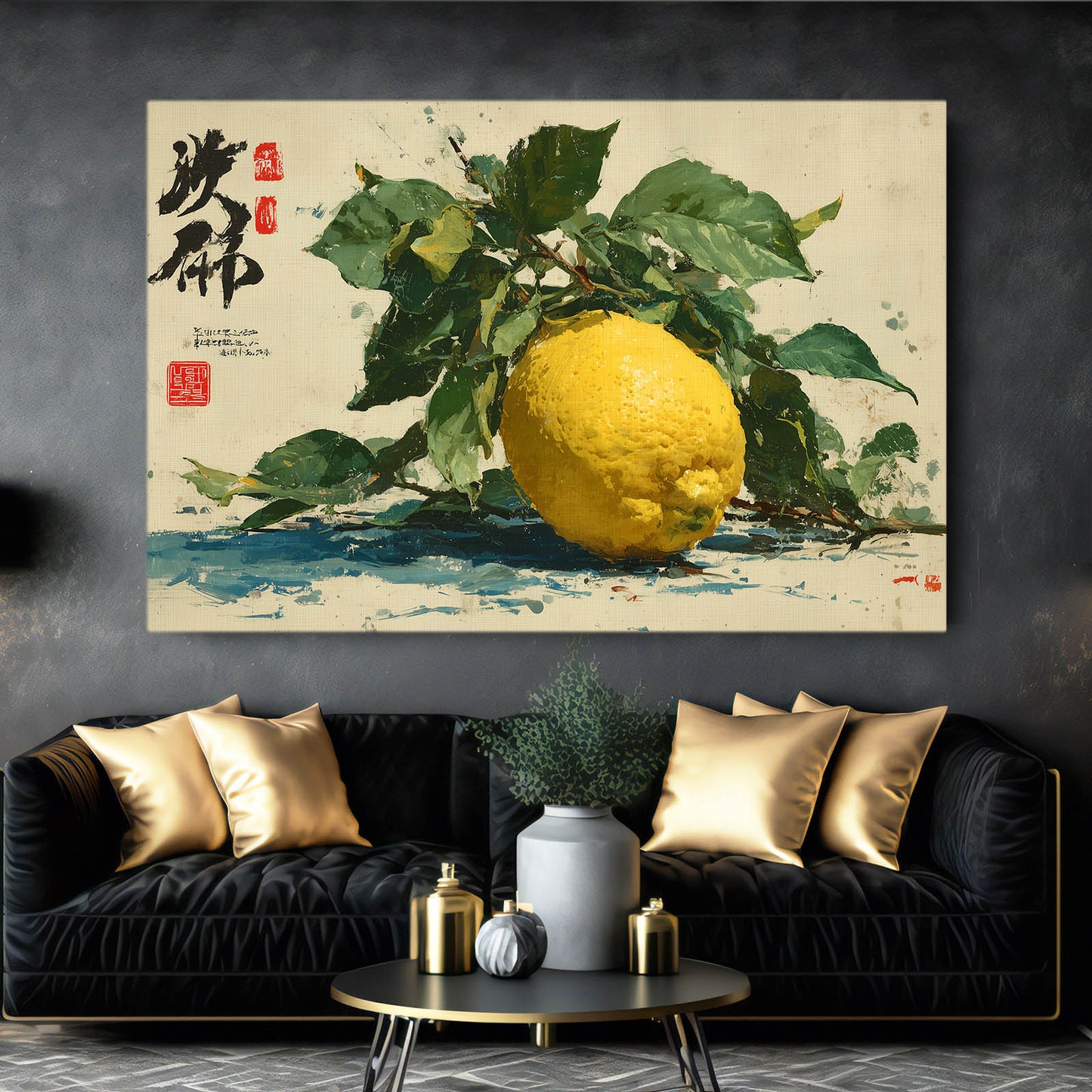 Watercolor Lemon Branch Fruit Wall Art – styled in a furnished interior