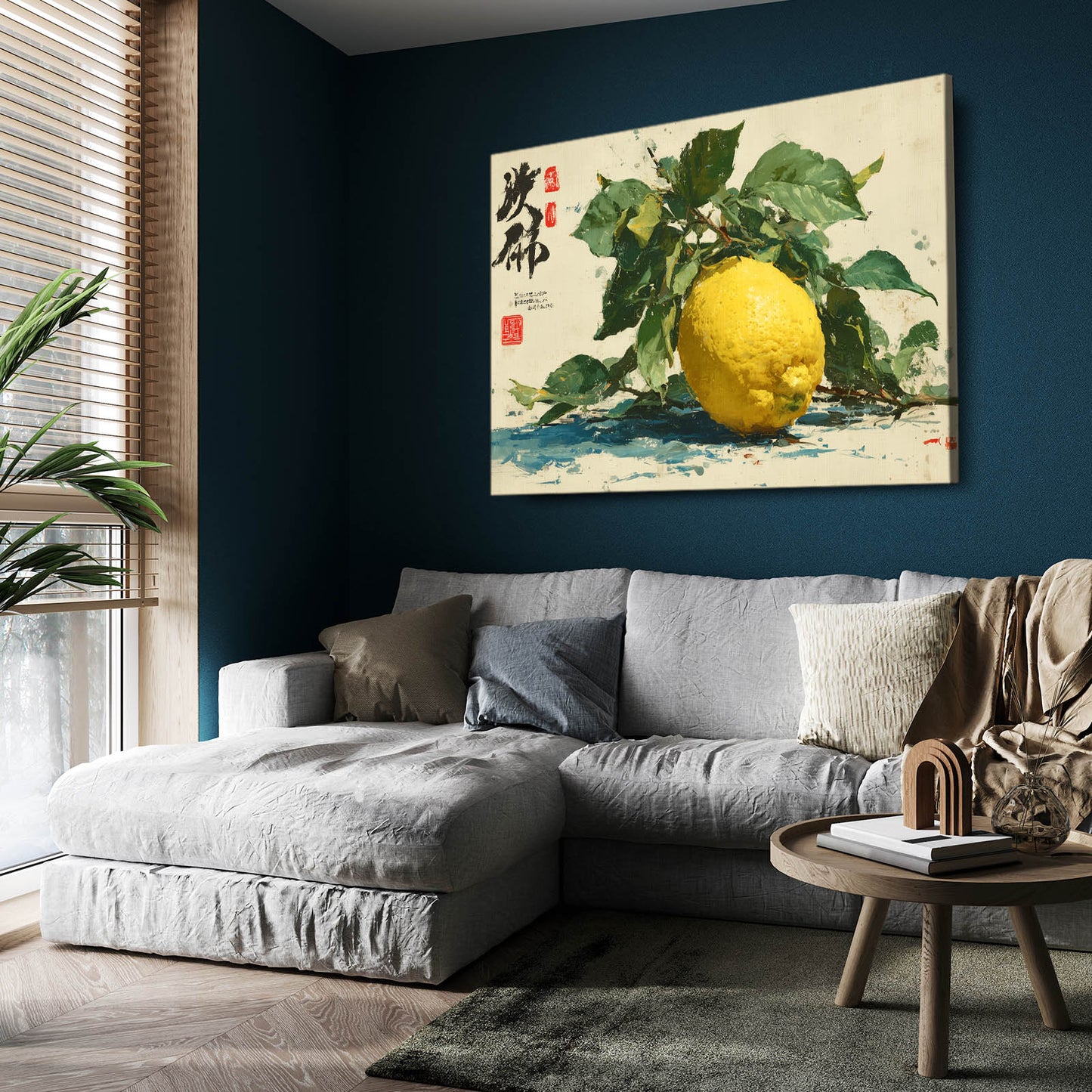 Watercolor Lemon Branch Fruit Wall Art – styled in a furnished interior