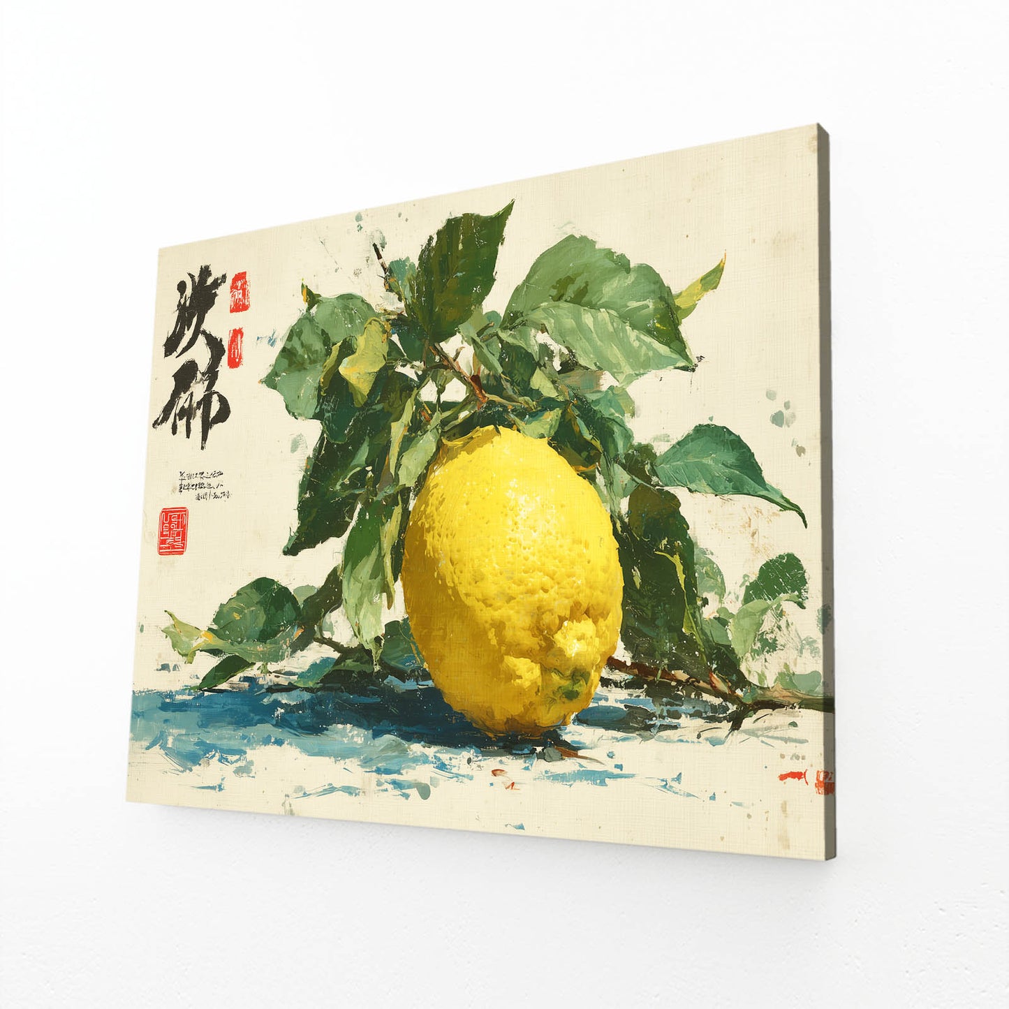Watercolor Lemon Branch Fruit Wall Art – angled canvas view on white background