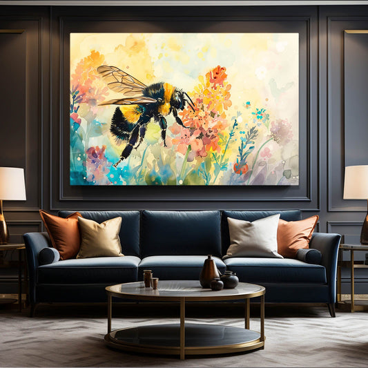 Watercolor Meadow Bee Art — watercolor canvas print in white tones, view 3