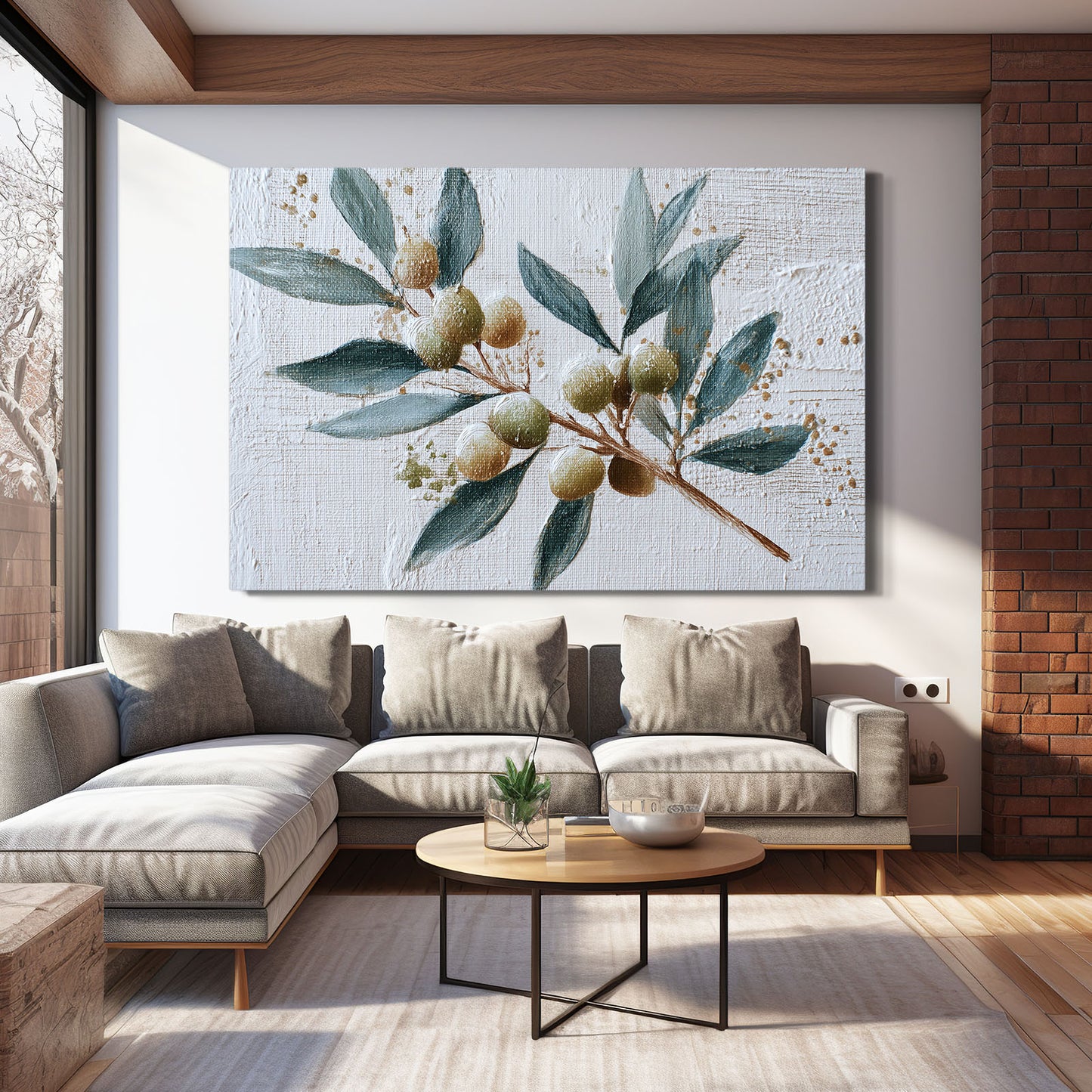 Watercolor Olive Branch Fruit Prints – styled in a furnished interior