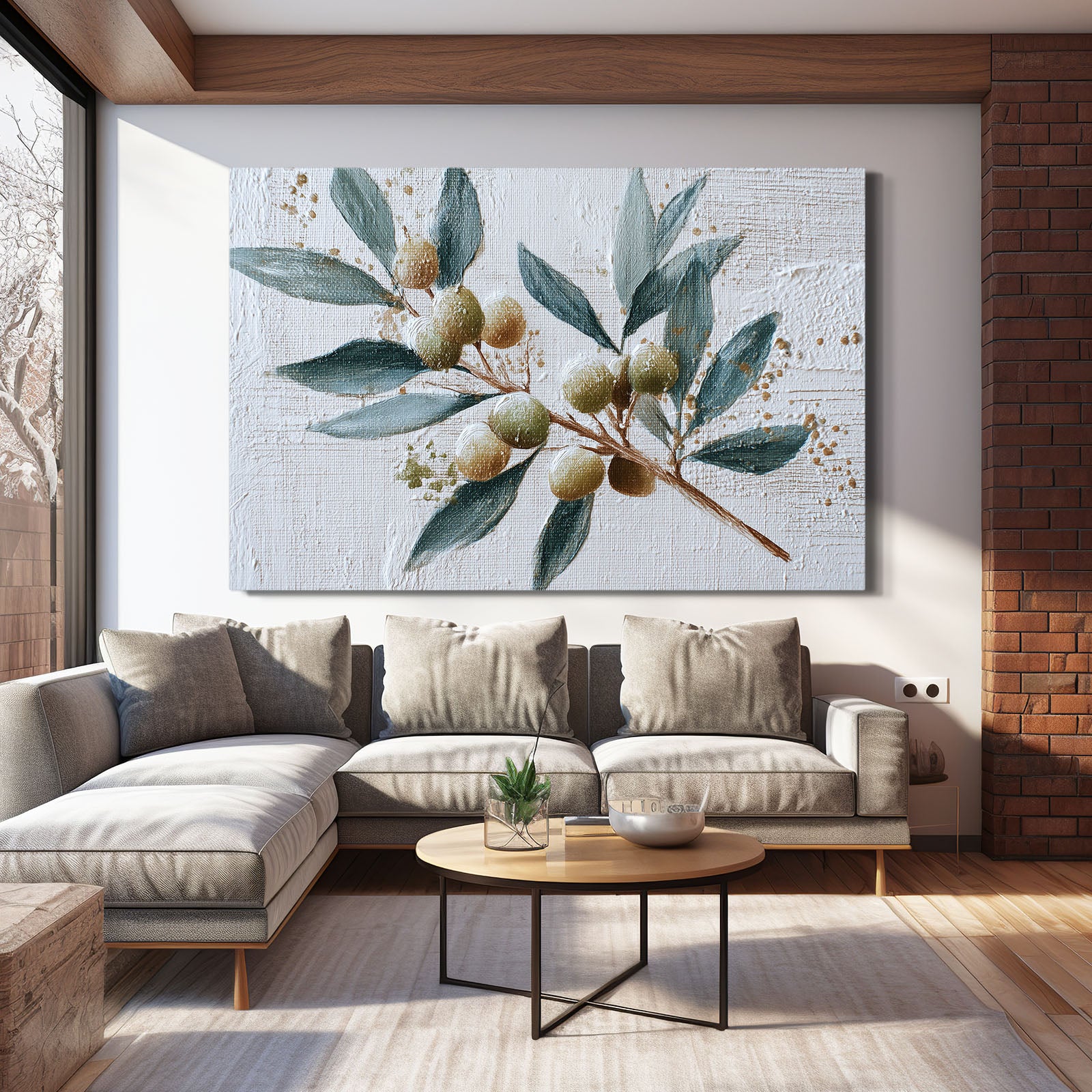 Watercolor Olive Branch Fruit Prints – styled in a furnished interior
