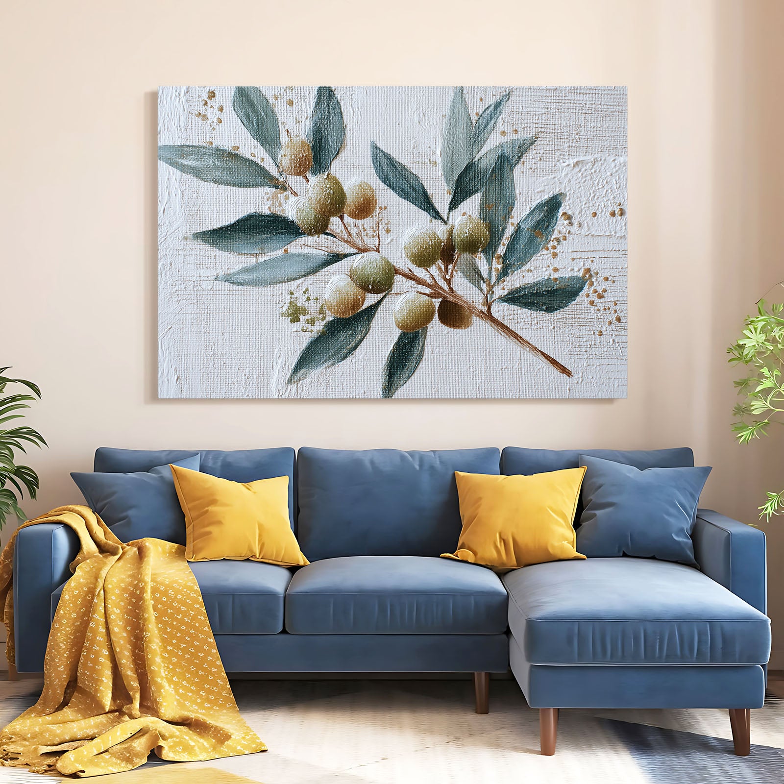 Watercolor Olive Branch Fruit Prints – styled in a furnished interior