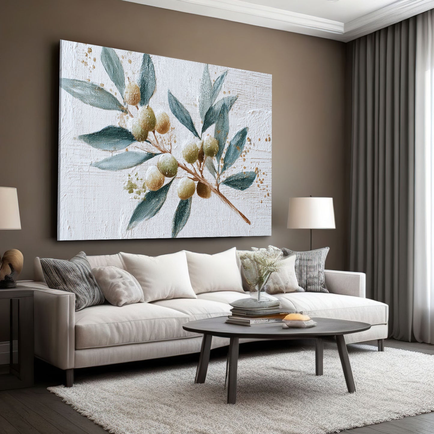 Watercolor Olive Branch Fruit Prints – styled in a furnished interior