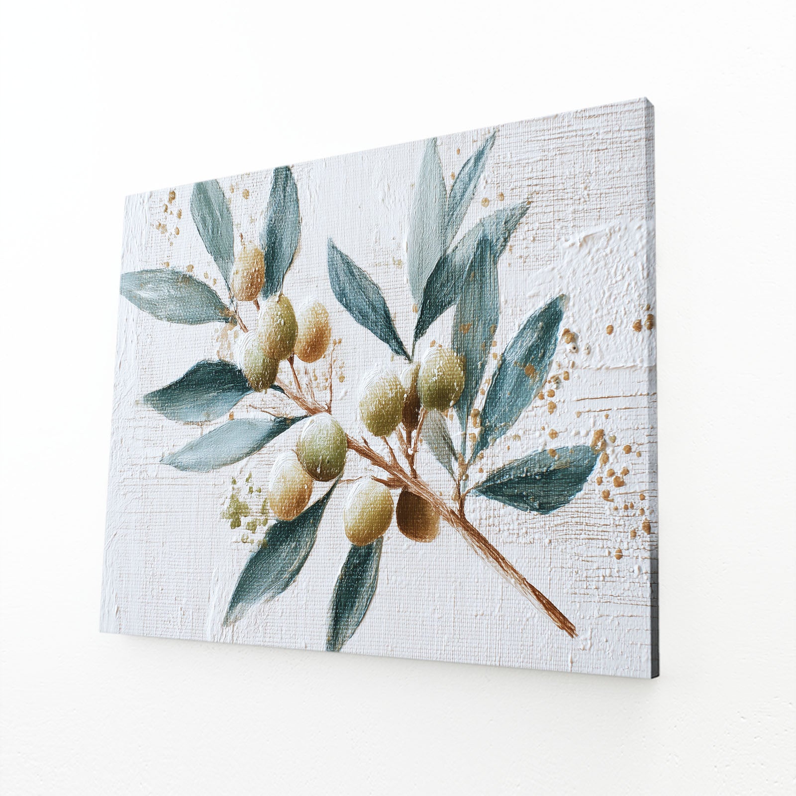 Watercolor Olive Branch Fruit Prints – angled canvas view on white background