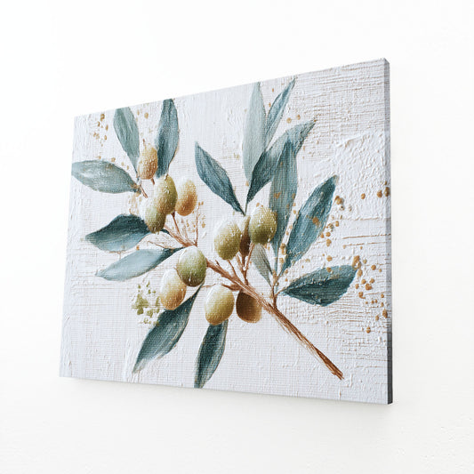 Watercolor Olive Branch Fruit Prints – angled canvas view on white background