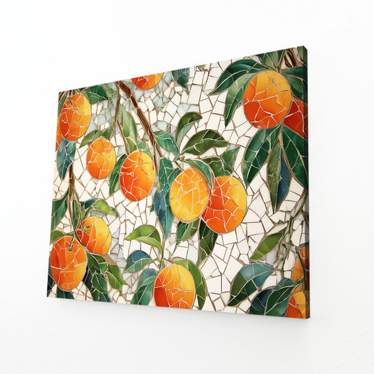 Watercolor Orange Mosaic Fruit Wall Decor – angled canvas view on white background