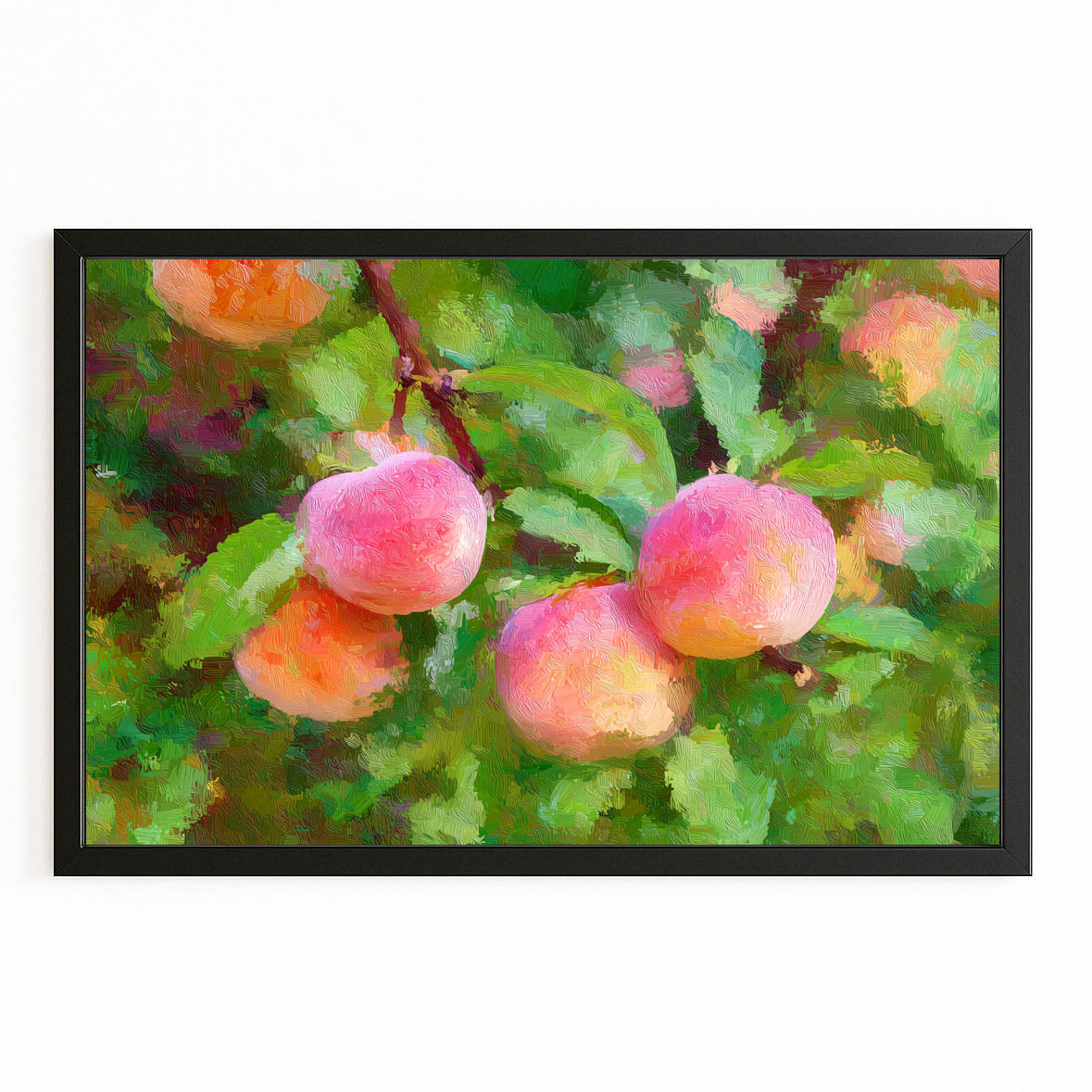 Watercolor Peach Branch Fruit Canvas Art – with Premium Black frame on white background