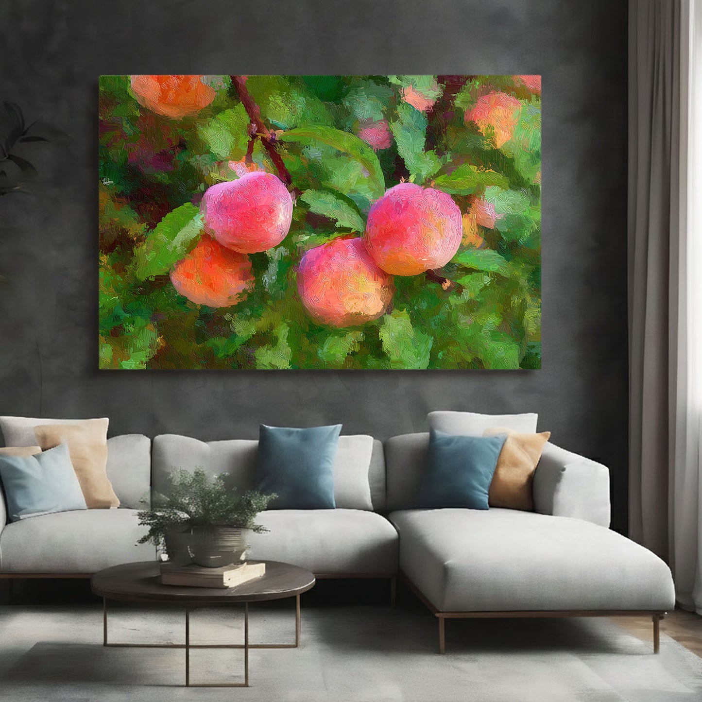 Watercolor Peach Branch Fruit Canvas Art – styled in a furnished interior