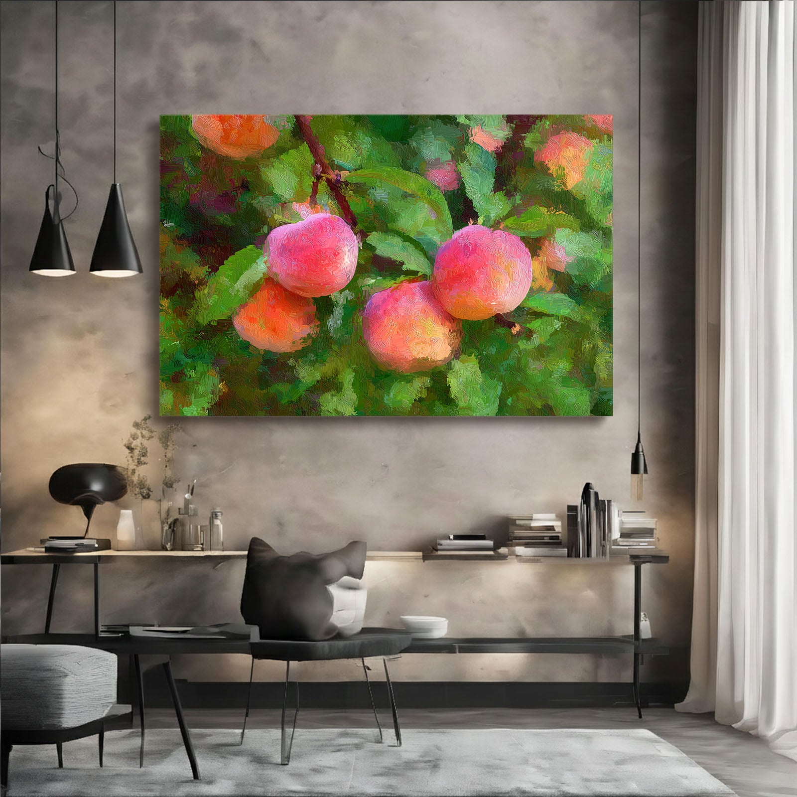Watercolor Peach Branch Fruit Canvas Art – styled in a furnished interior