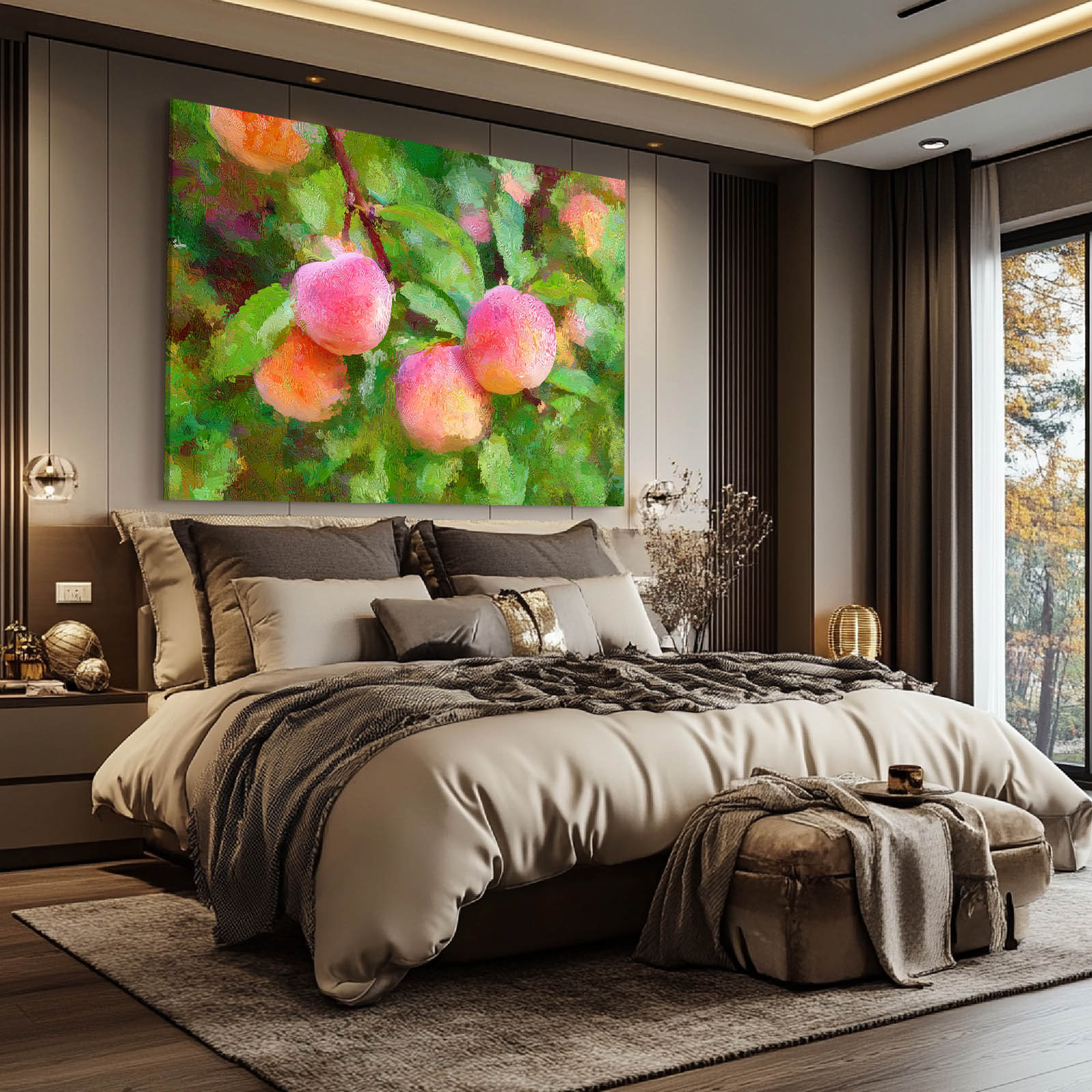 Watercolor Peach Branch Fruit Canvas Art – styled in a furnished interior