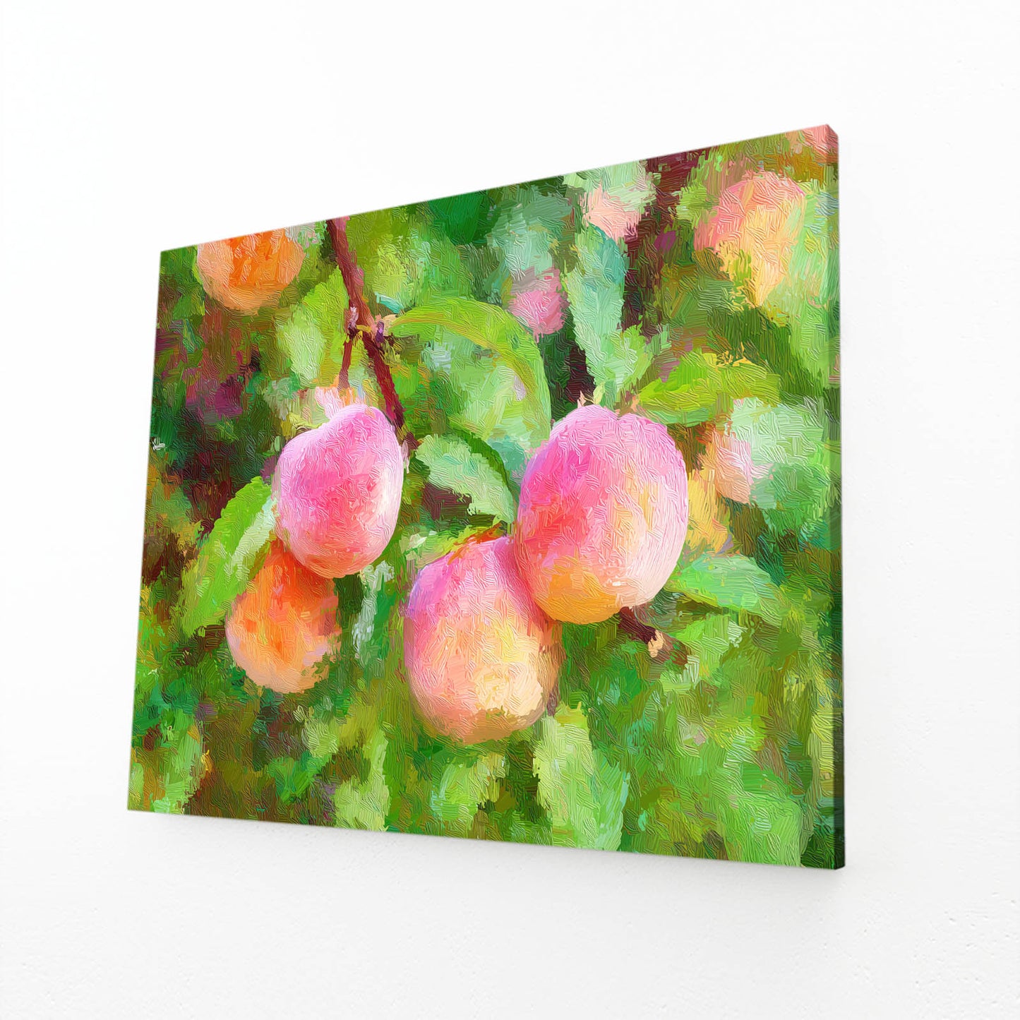 Watercolor Peach Branch Fruit Canvas Art – angled canvas view on white background