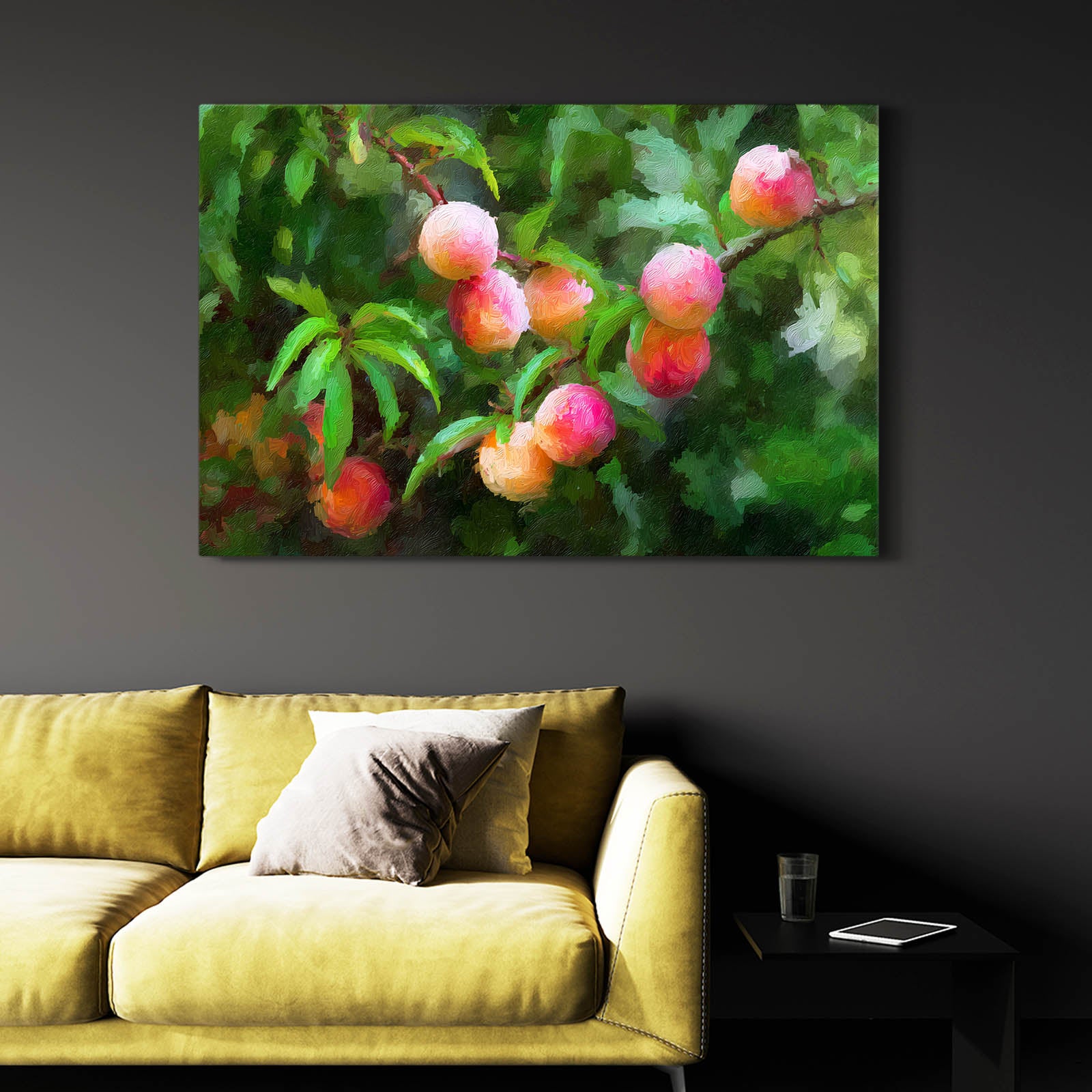 Watercolor Peach Orchard Fruit Canvas – styled in a furnished interior