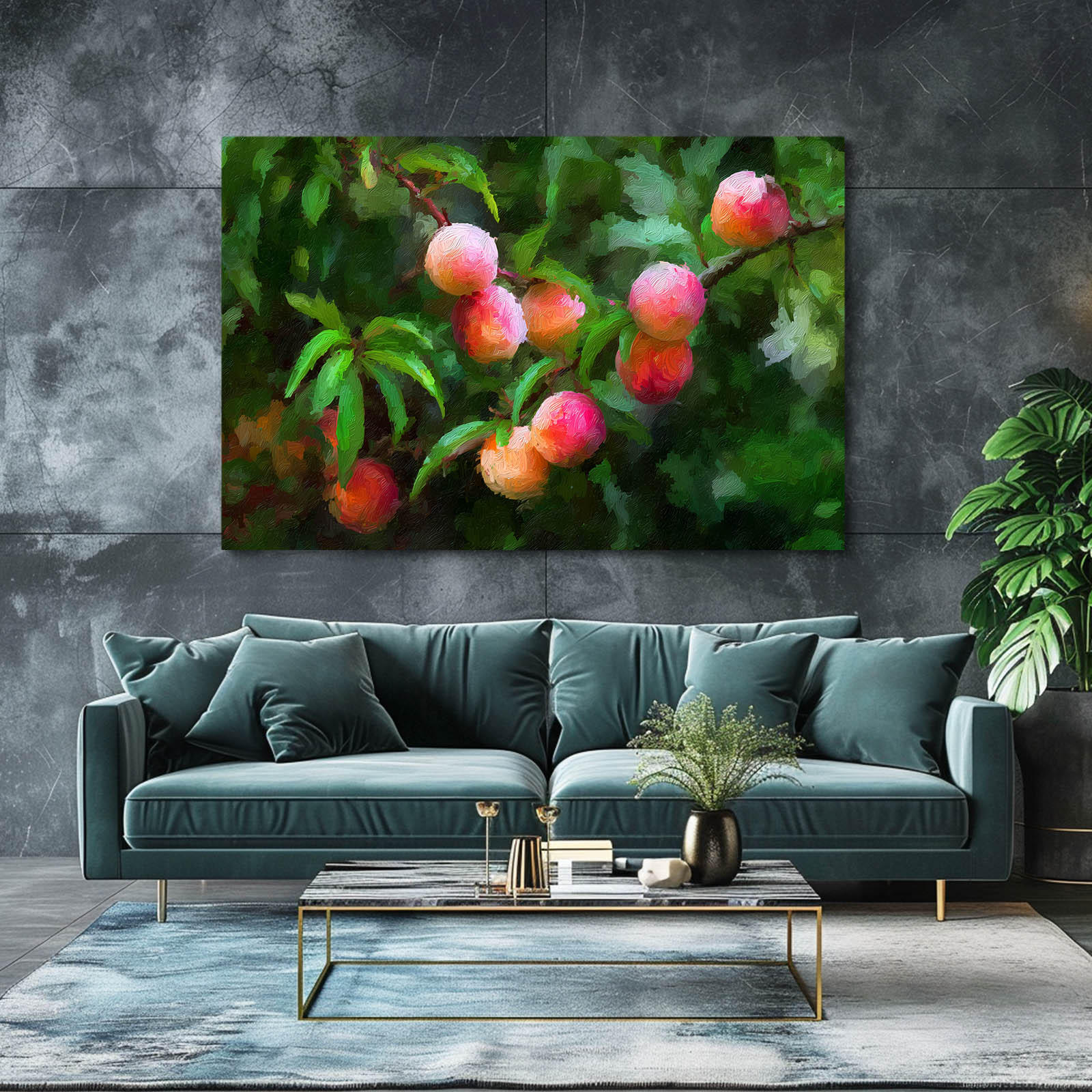 Watercolor Peach Orchard Fruit Canvas – styled in a furnished interior