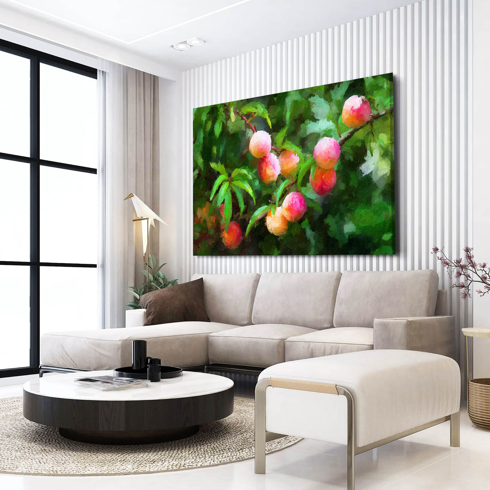 Watercolor Peach Orchard Fruit Canvas – styled in a furnished interior
