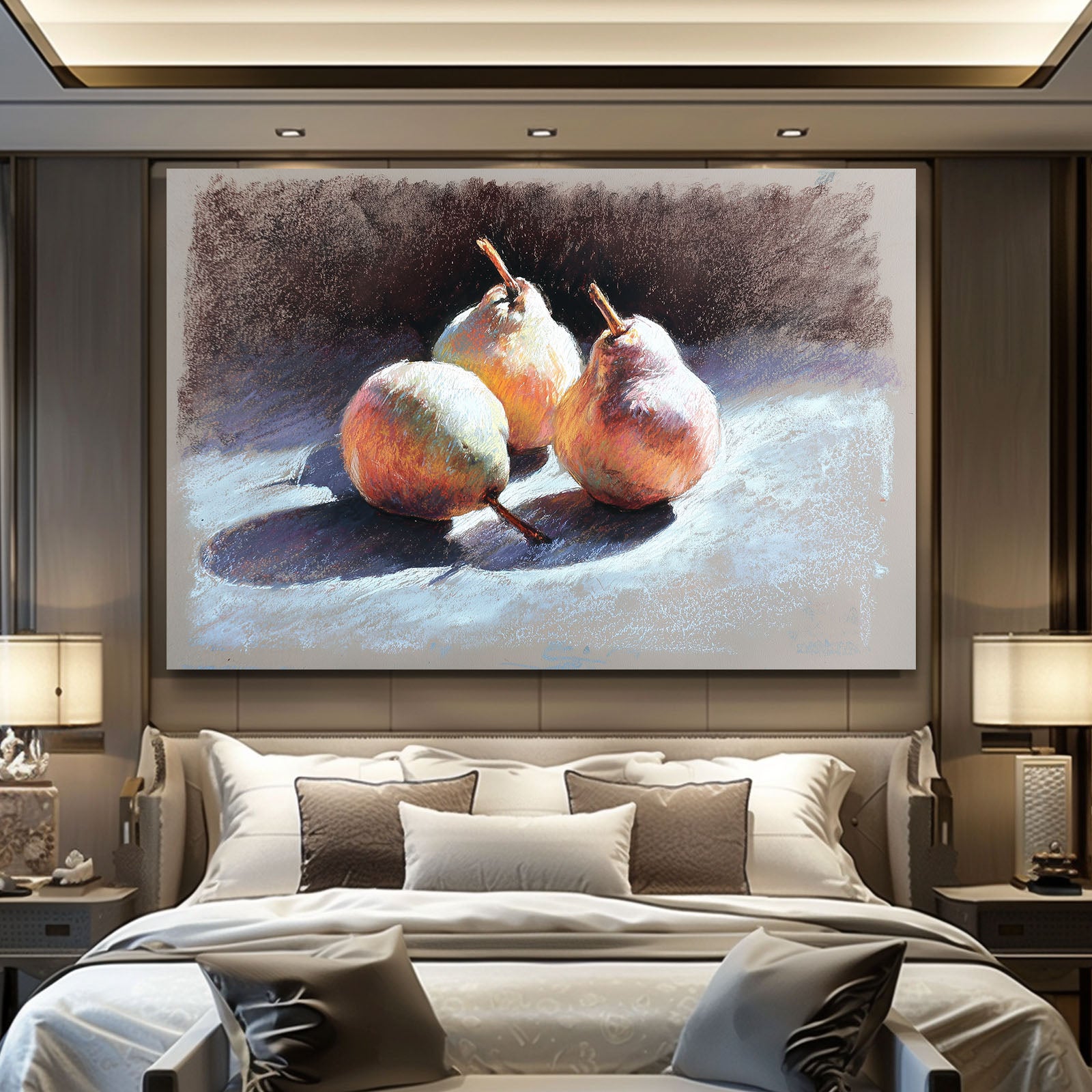 Watercolor Pear Still Fruit Prints – styled in a furnished interior