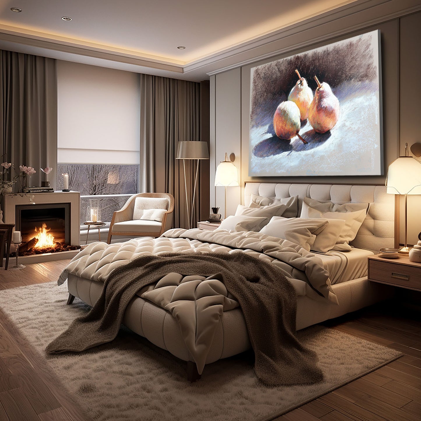 Watercolor Pear Still Fruit Prints – styled in a furnished interior