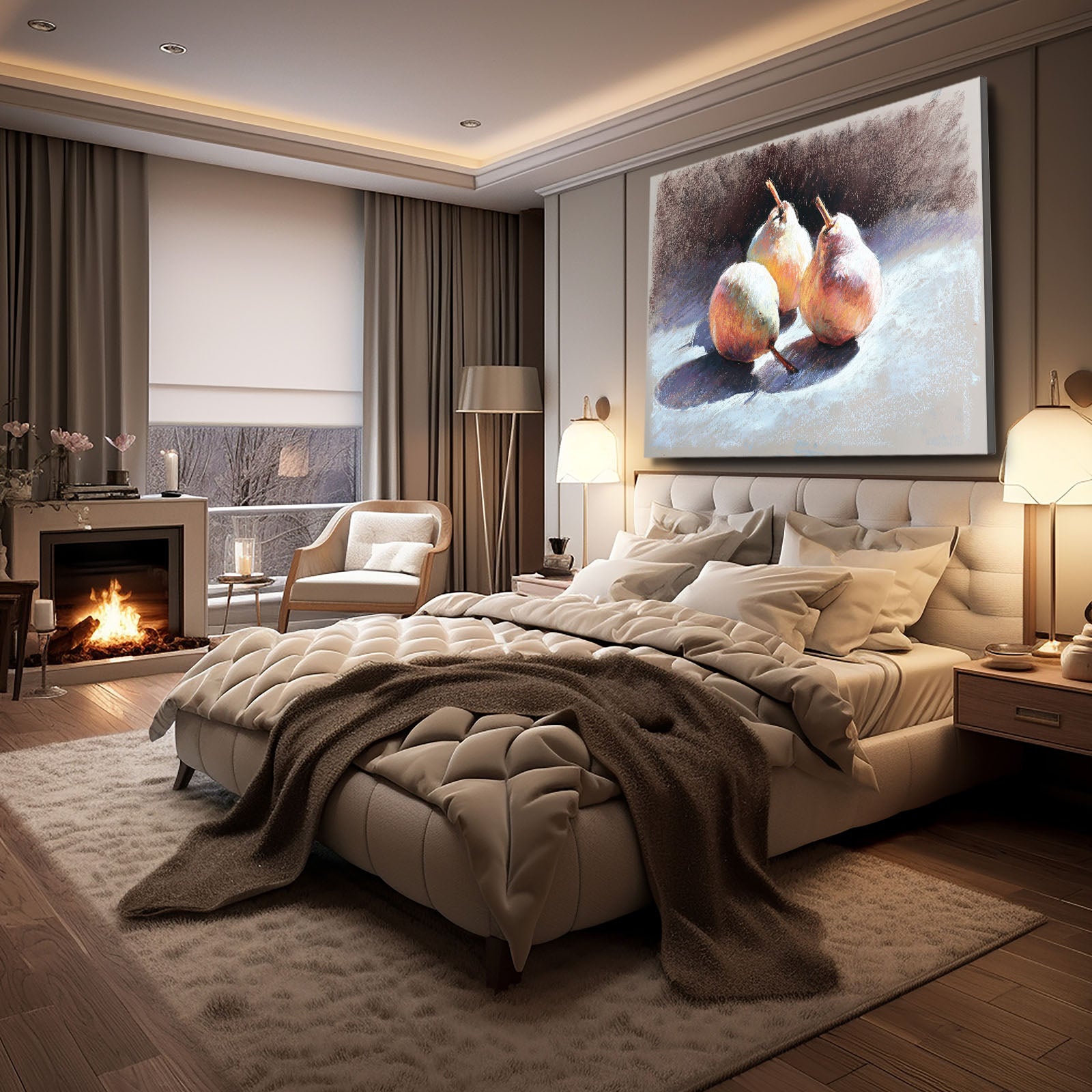 Watercolor Pear Still Fruit Prints – styled in a furnished interior