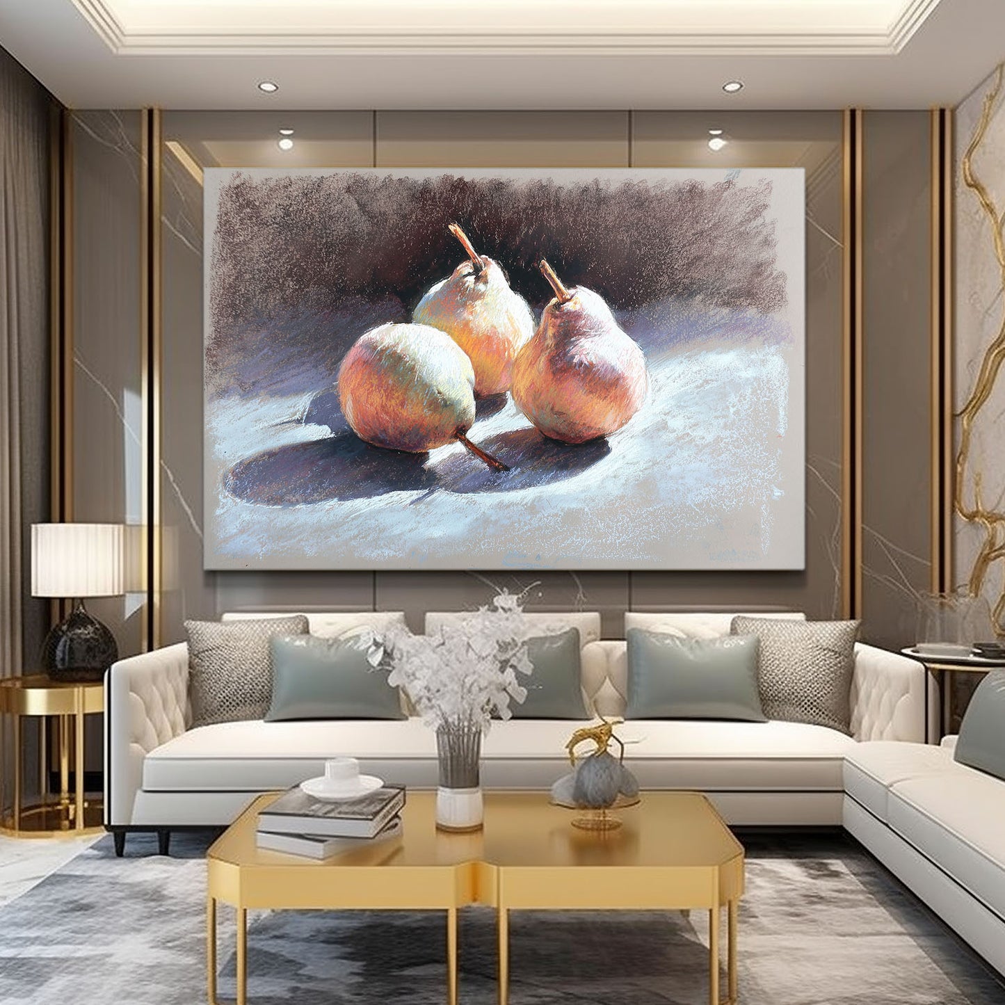 Watercolor Pear Still Fruit Prints – styled in a furnished interior