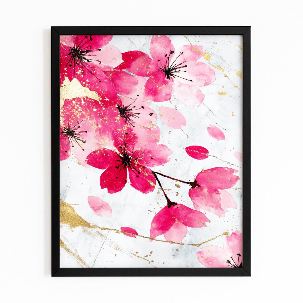 Watercolor Petal Fall Cherry Blossom Canvas Art – with Premium Black frame on white background