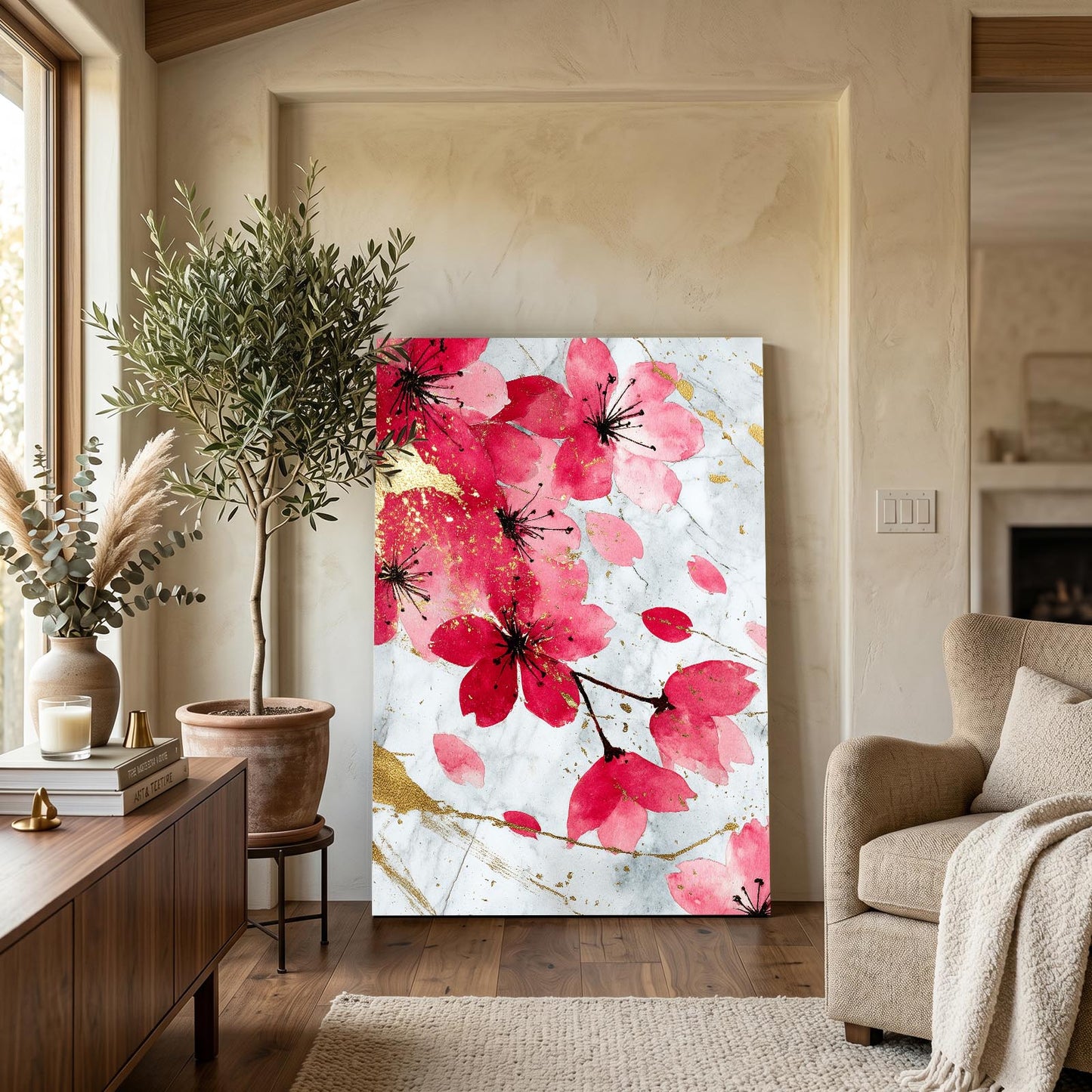 Watercolor Petal Fall Cherry Blossom Canvas Art – styled in a furnished interior