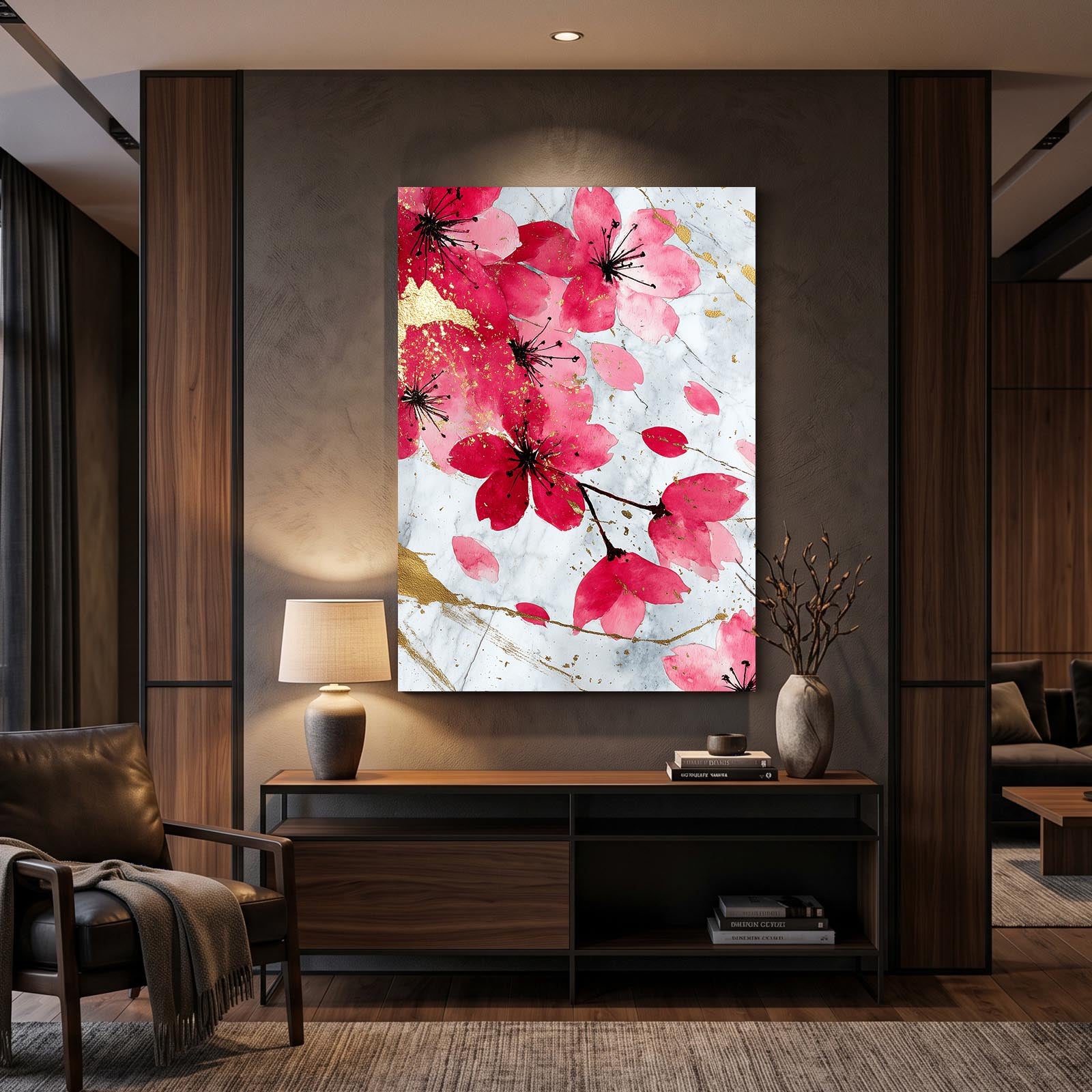 Watercolor Petal Fall Cherry Blossom Canvas Art – styled in a furnished interior