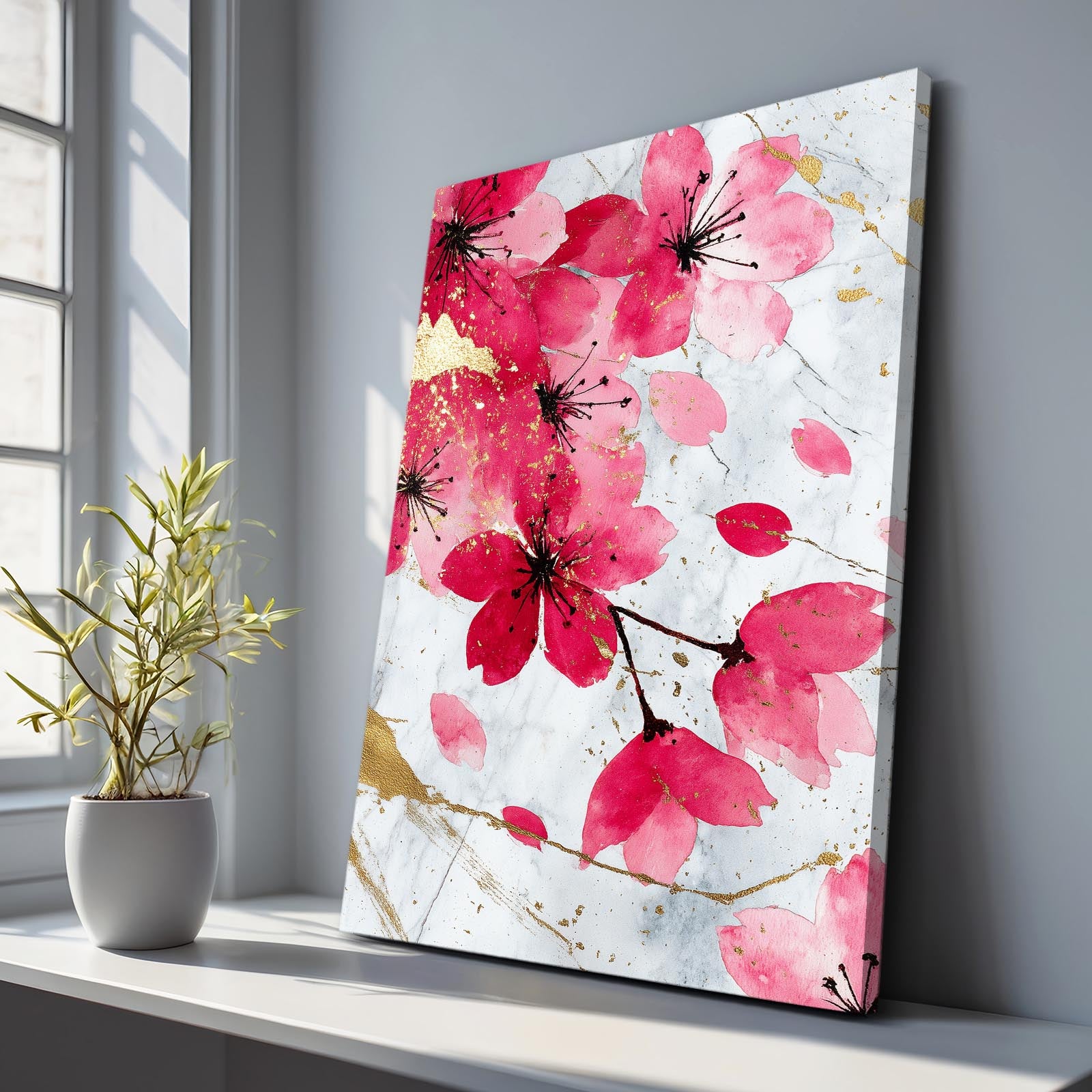 Watercolor Petal Fall Cherry Blossom Canvas Art – styled in a furnished interior
