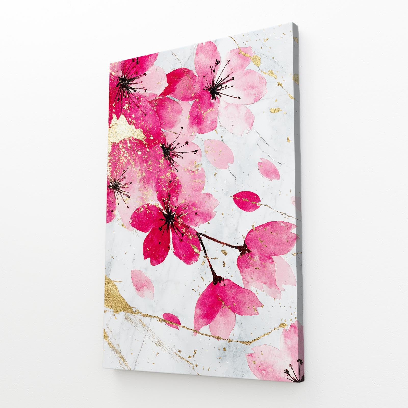 Watercolor Petal Fall Cherry Blossom Canvas Art – angled canvas view on white background
