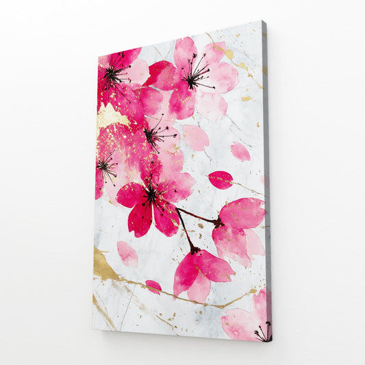 Watercolor Petal Fall Cherry Blossom Canvas Art – angled canvas view on white background